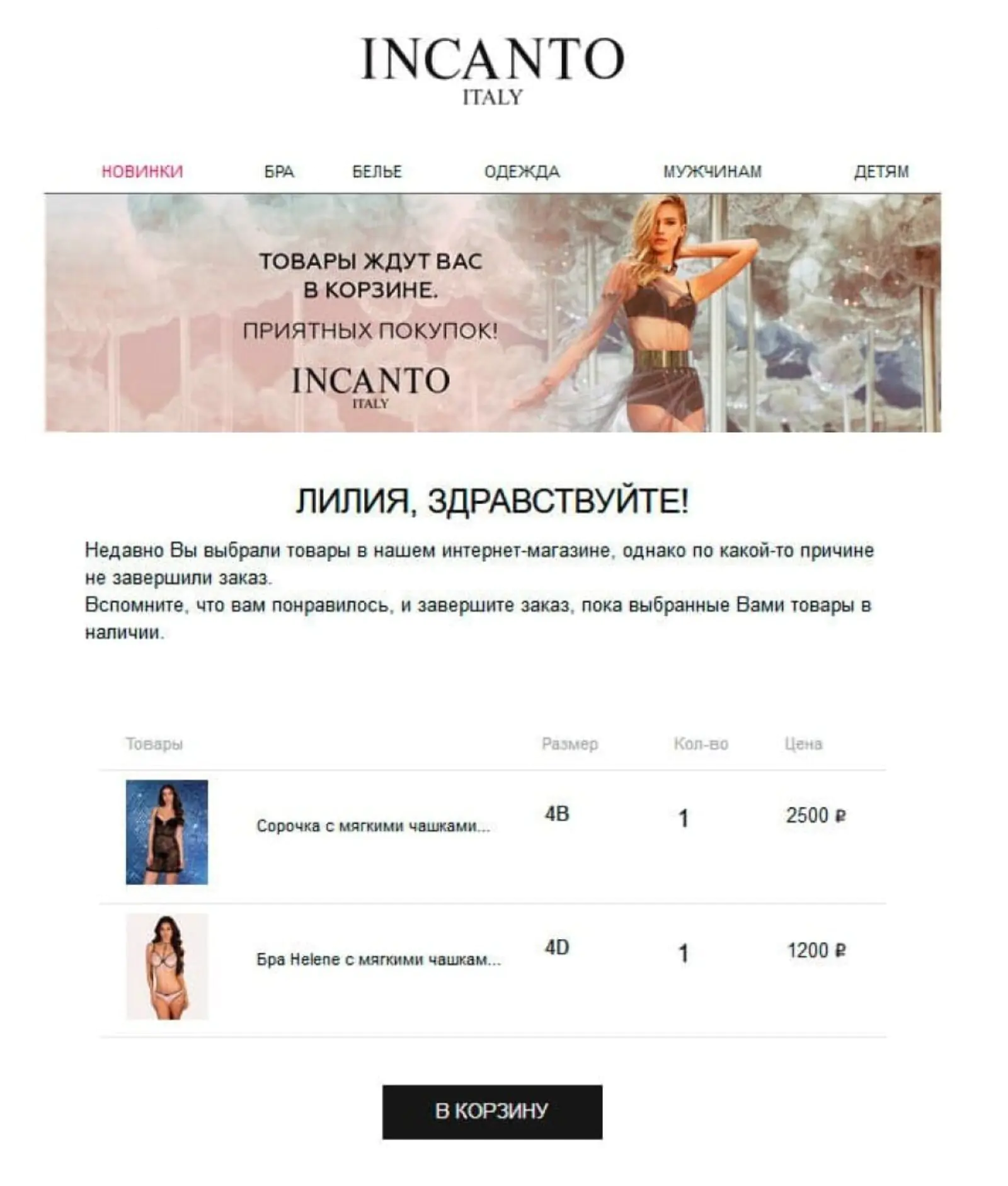 Обсуждение новых фичей в продукте Клиент добавил товар в корзину, но не оформил заказ — Incanto автоматически отправляет ему письмо о брошенной корзине