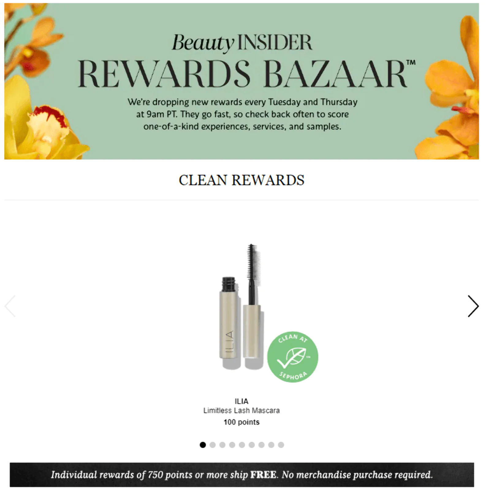 В Rewards Bazaar каждый вторник и четверг в 9 утра появляются эксклюзивные предложения. Участники программы, накопившие минимум 50 бонусов, могут обменять их на новинки и лимитированную косметику