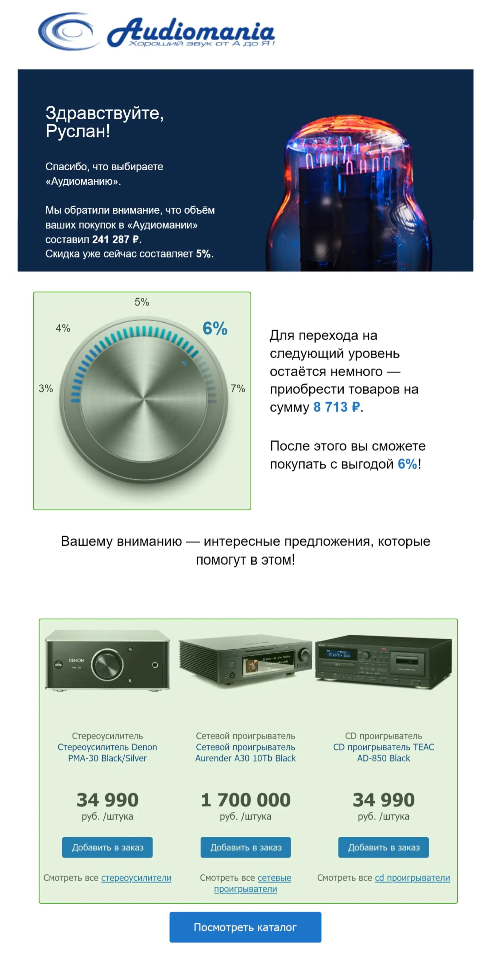 Письмо о переходе на новый уровень программы лояльности. Картинка, которая показывает уровень скидки, — динамическая. Она настроена в платформе так, чтобы автоматически показывать уровень программы лояльности, на который может перейти клиент
