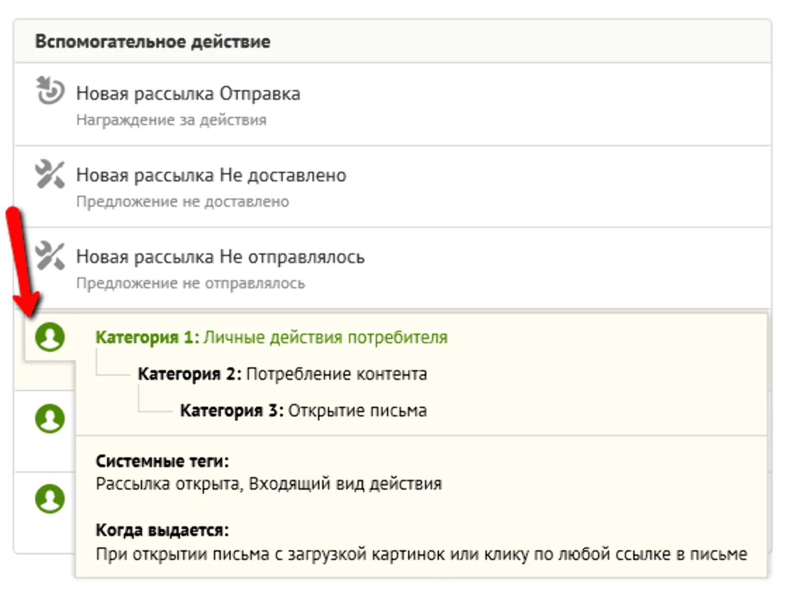 Отображение хелпа по вспомогательным шаблонам действий ровно точно такое же, как и в других местах системы — всплывающая подсказка