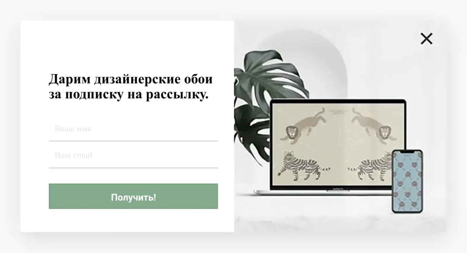 В попапе посетителю предлагали дизайнерские обои взамен на email В попапе посетителю предлагали дизайнерские обои взамен на email. Попап настраивался в стороннем сервисе, не через платформу