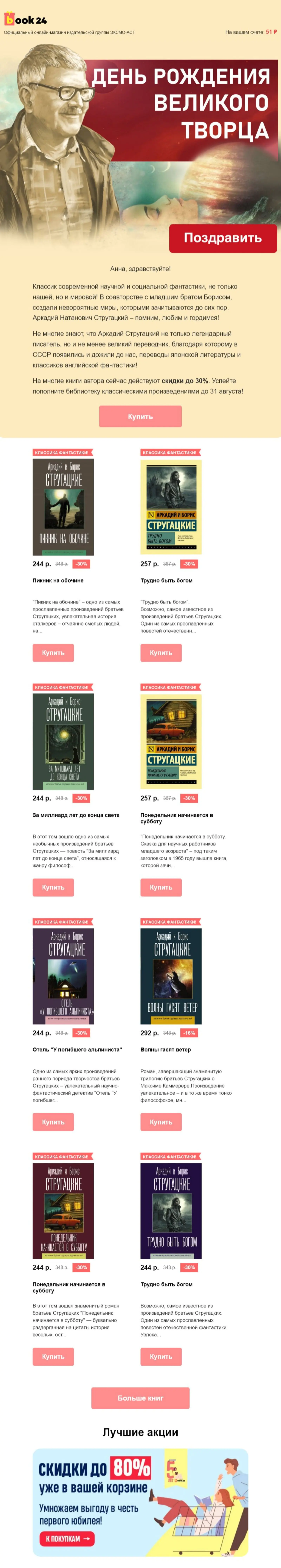 Картинка Подборка книг ко дню рождения Аркадия Стругацкого для читателей фантастикиOpen rate — 12,9%; Click rate — 1%; Конверсия в заказ — 2,24%