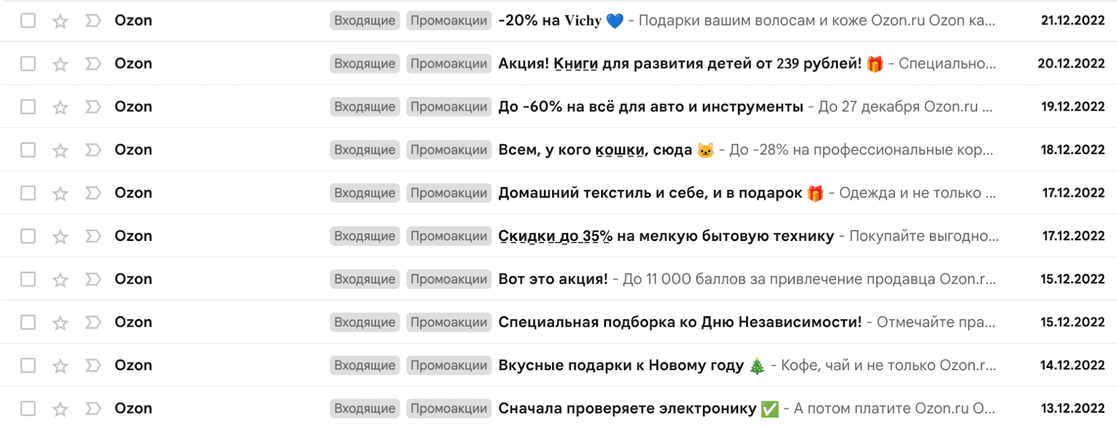 Картинка Пример рассылок Ozon без сегментации. Одному и тому же клиенту предлагают книги и косметику, детские товары и товары для животных, автотовары и домашний текстиль. При этом у подписчика, получившего эти письма, нет ни машины, ни детей