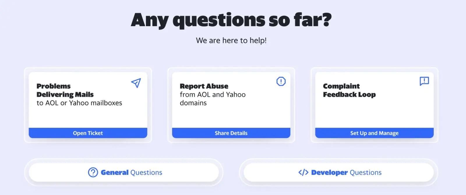 Экран постмастера Yahoo: перейдите в окно «Complaint Feedback Loop», чтобы получать                                отчеты о жалобах пользователей на ваши письма.                            