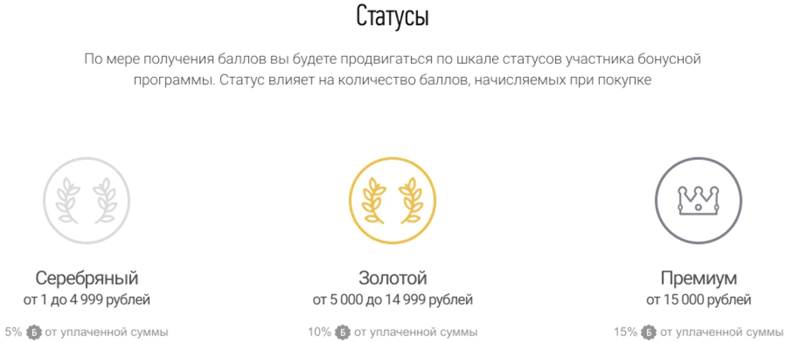 «Серебряные» клиенты получают 5% от стоимости покупки баллами на счет программы лояльности. «Золотые» — 10%. «Премиум» — 15%