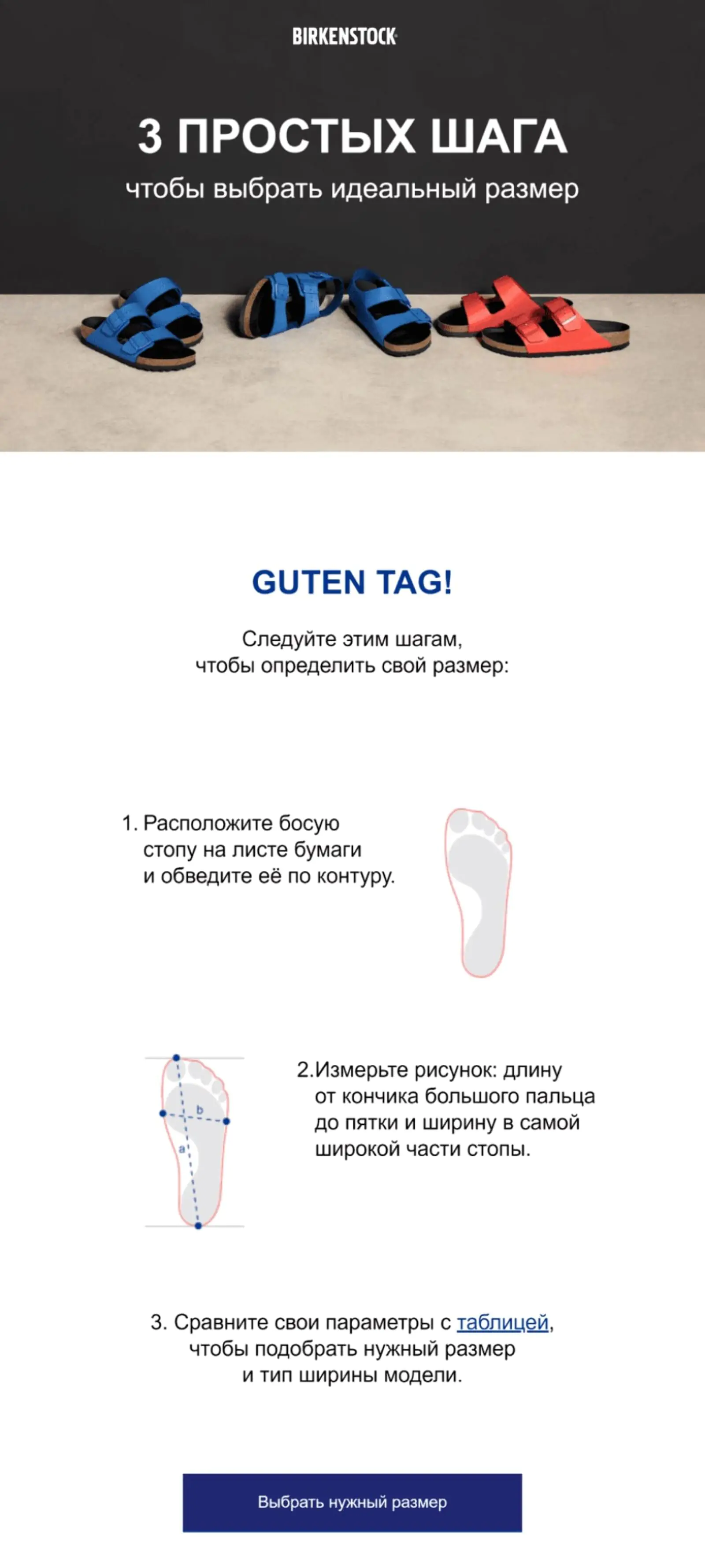 Новый гайд по размерам в письме о брошенной корзине Birkenstock помог упростить путь клиента по автоворонке продаж