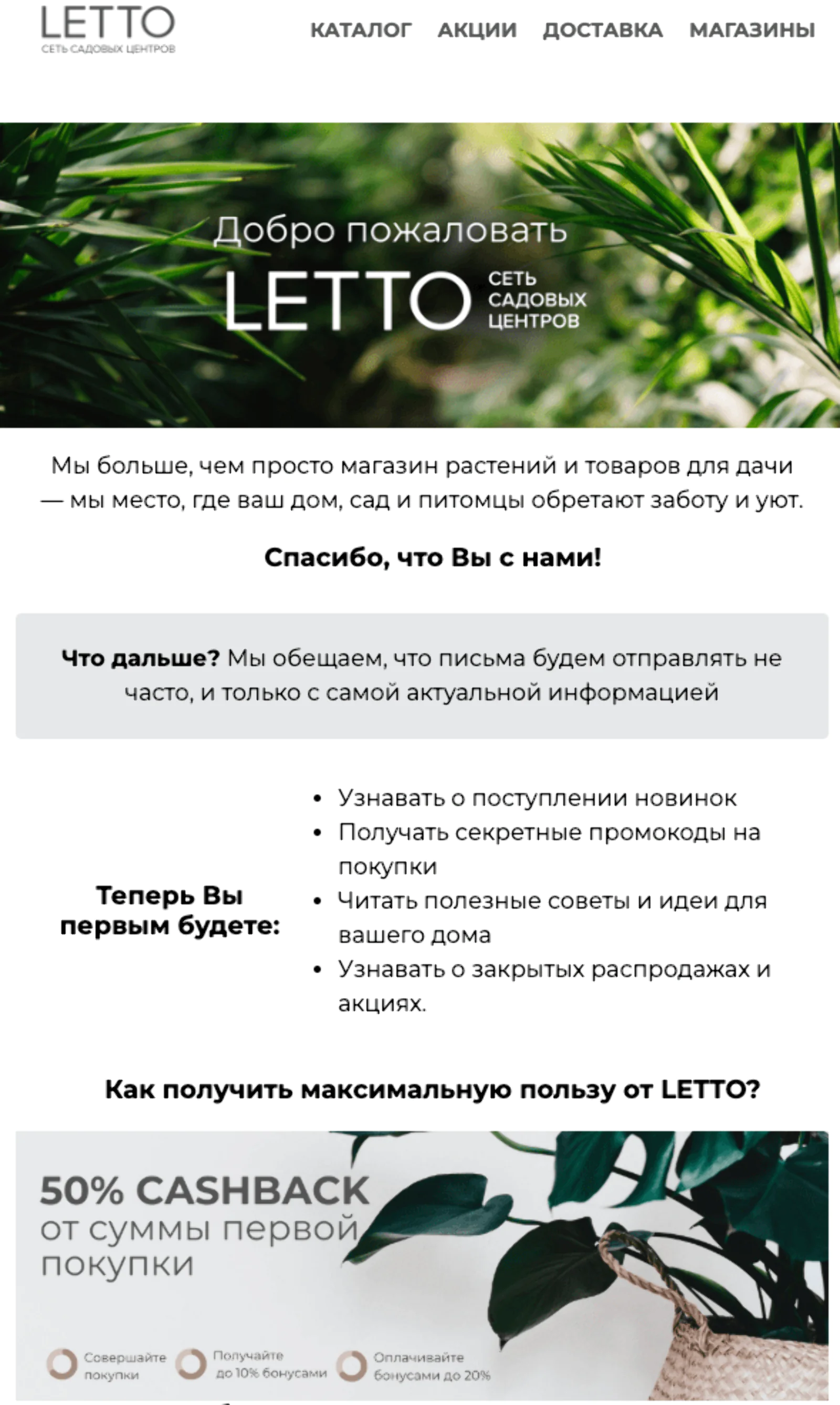 Картинка Приветственное письмо для участников программы лояльности: open rate — 21,5%, click rate — 2,7%, конверсия в заказ — 0,3%. Атрибуция — last non-direct touch по кликам