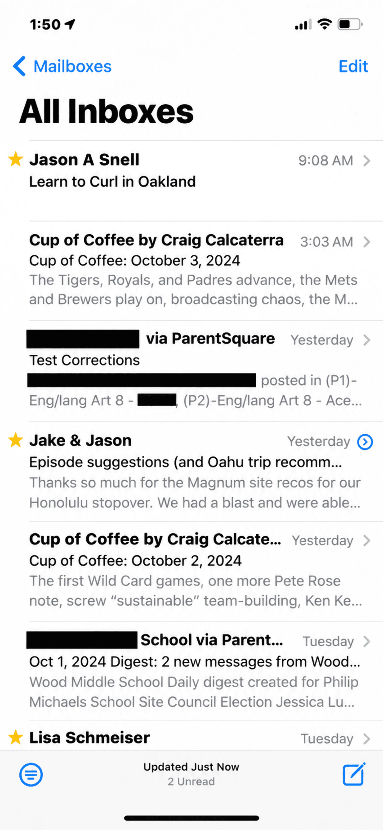 Почтовый ящик Apple Mail на iPhone 12 — без AI-саммари писем в прехедере. Источник