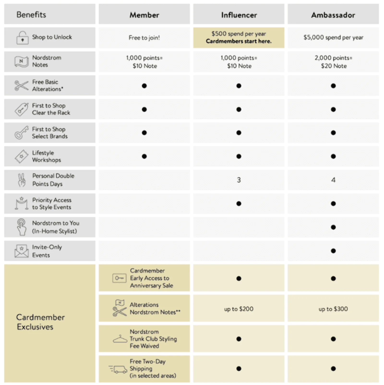 Статус Influencer дает возможность копить баллы быстрее, а Ambassador — вызвать домой стилиста и прийти на закрытые мероприятия