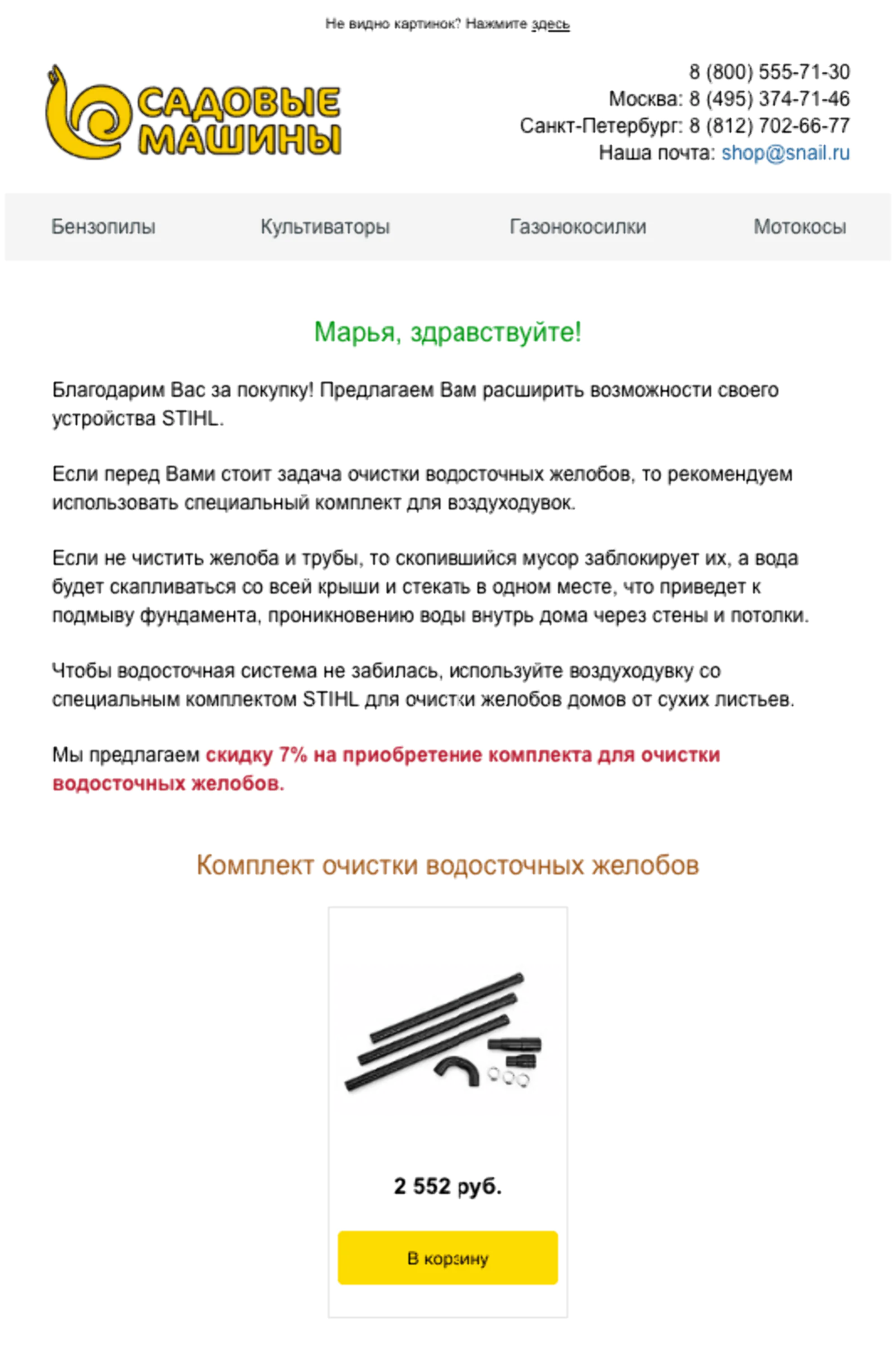 Это пример сезонной рассылки. Покупателям воздуходувок (прибор для сбора листвы) предлагают купить комплект насадок для чистки водостоков от мусора