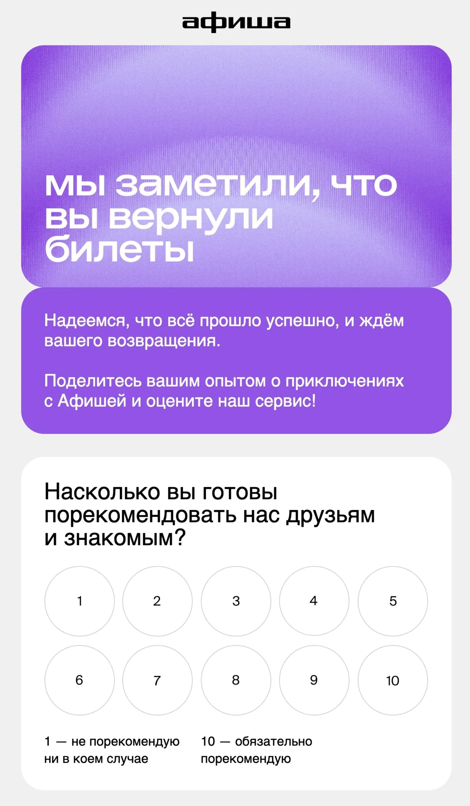 Картинка «Афиша» использует NPS-опросы не после покупки, а после возврата билетов. Клиента опрашивают не чаще, чем раз в полгода и максимум три раза за все время взаимодействия, чтобы не перегрузить коммуникациями