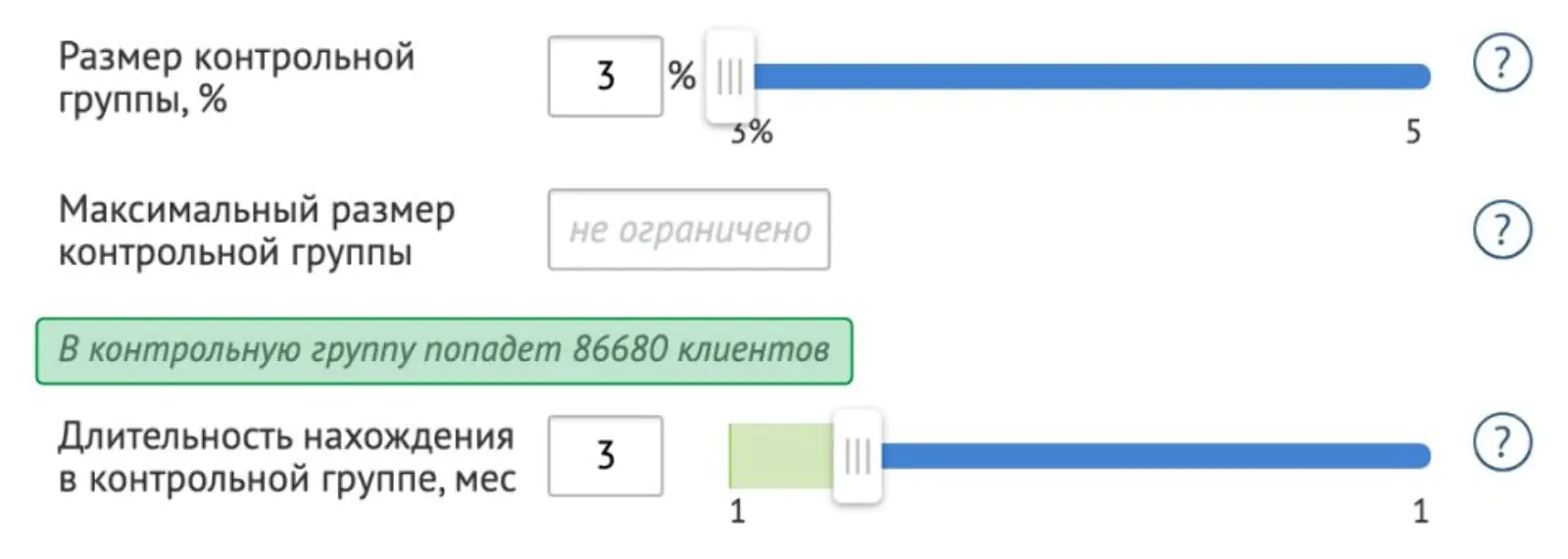 Стало: минимальная контрольная группа — 3%, 86 680 клиентов. На 57 786 больше клиентов получают рассылки