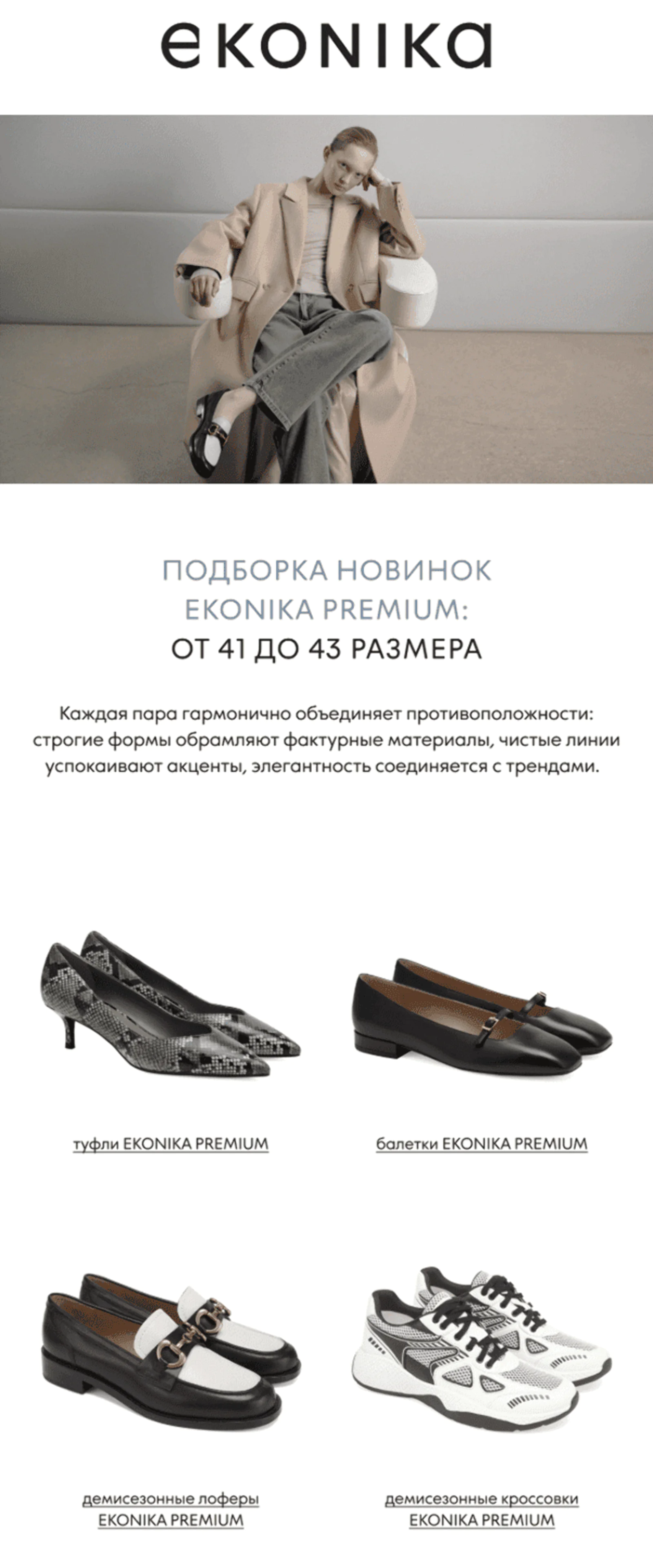 Картинка EKONIKA отправляет персональные рассылки на основе данных клиента из личного кабинета: возраста и размера ноги. Сегмент — клиенты с 41–43-м размером ноги, которые не оформляли заказ в течение двух недель и при этом не относятся к сегменту новичков. Open rate — 13,8%, click rate — 3%, конверсия в заказ по last click — 0,1%