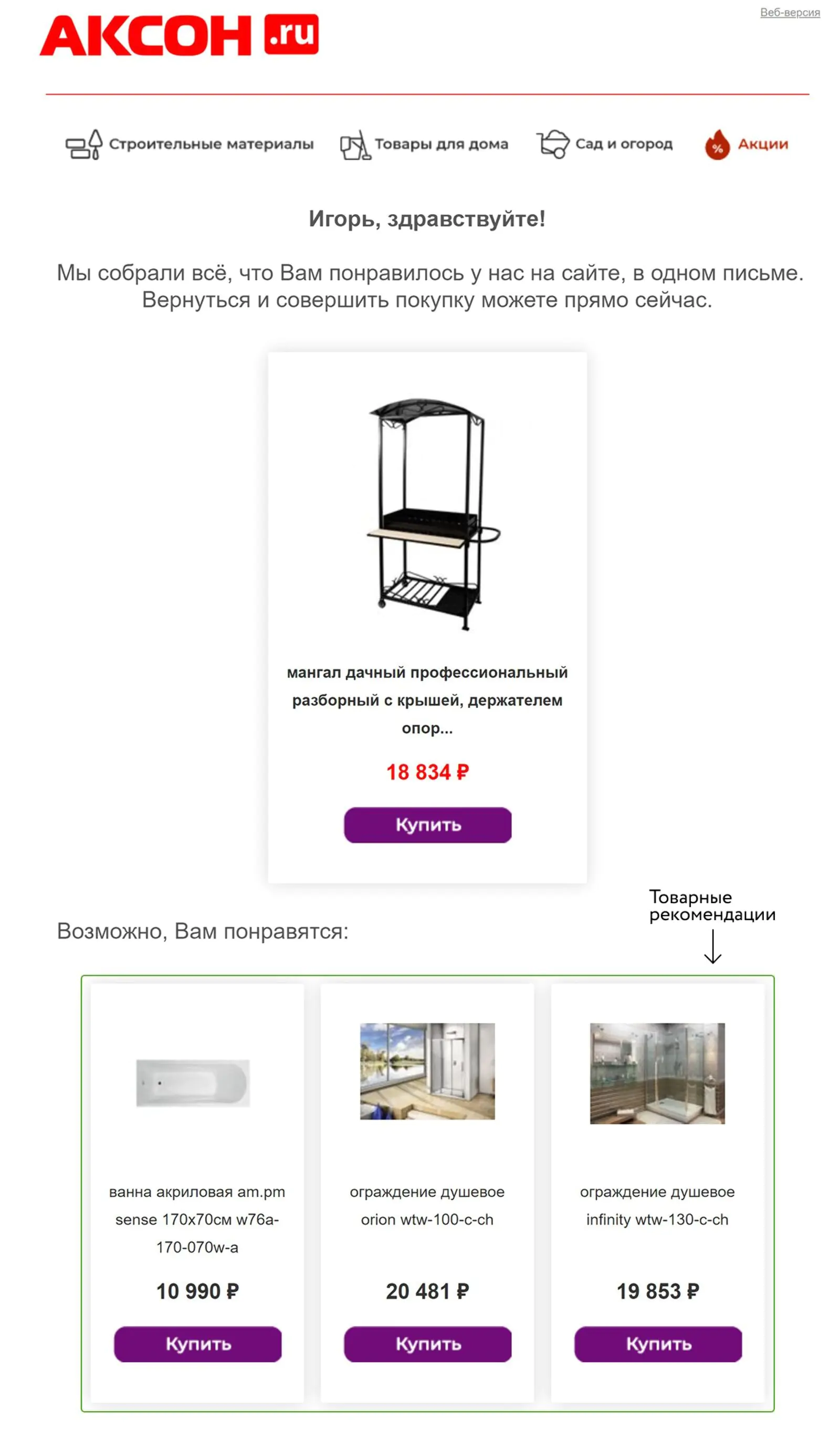Реальное письмо с просмотренными товарами и рекомендациями, отправленное клиенту