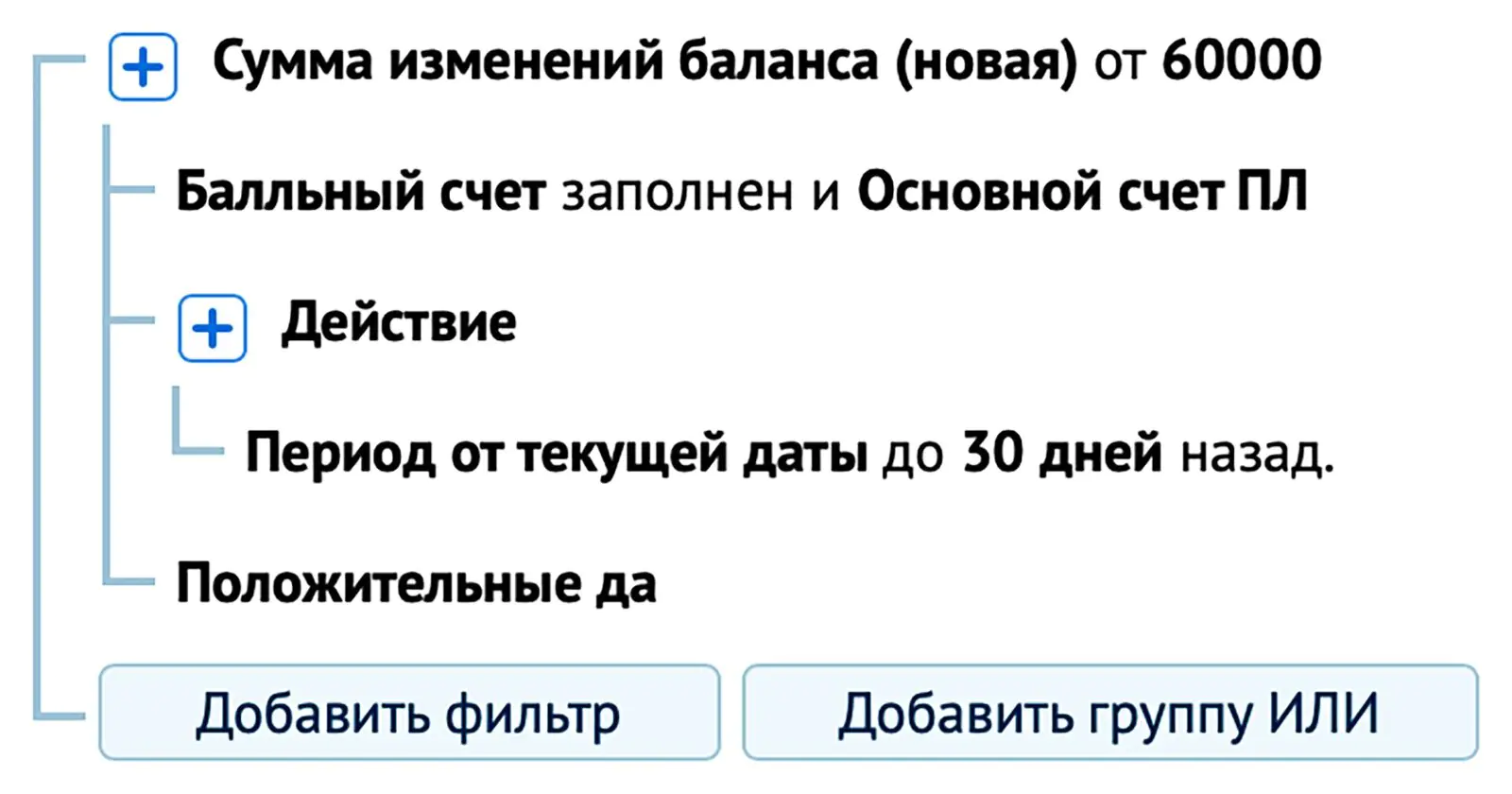 Пример настройки фильтра «Сумма изменений баланса»