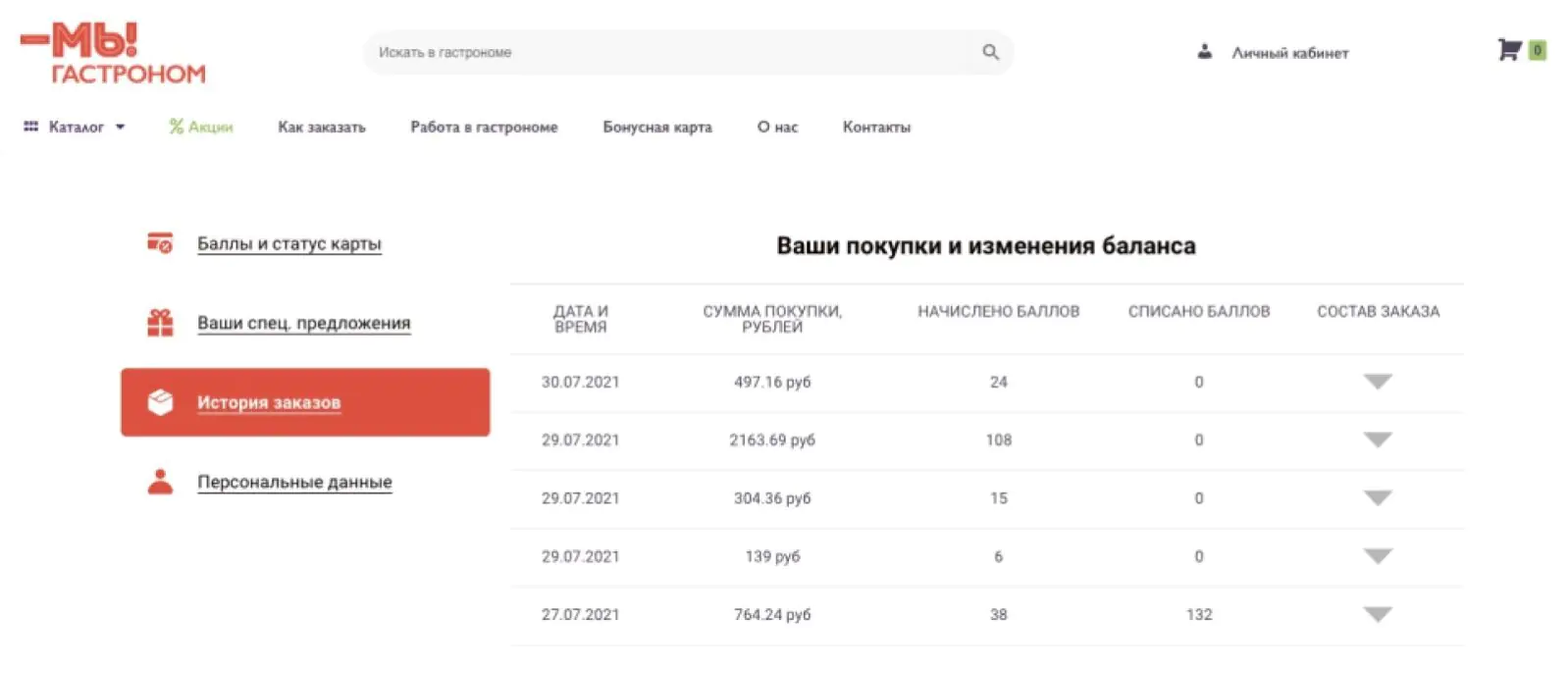 Картинка Сервис доставки продуктов «МЫ» показывает клиентам, сколько баллов они получали и тратили при каждой покупке