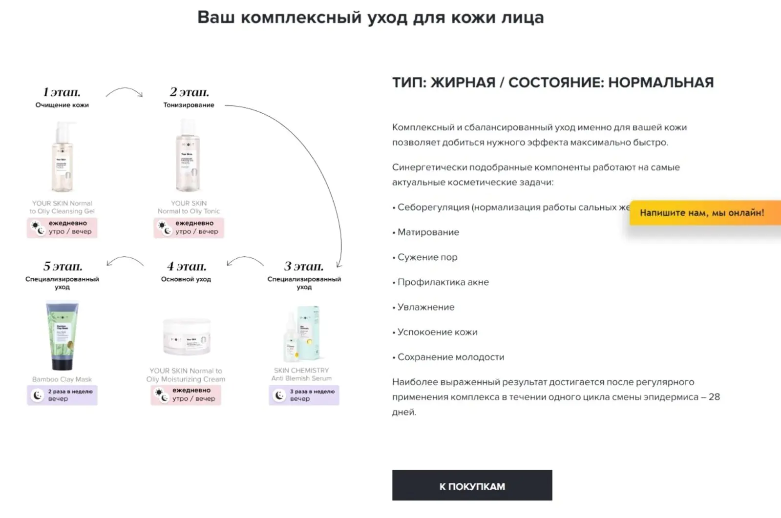 Mixit подробно расписывает программу ухода за кожей и предлагает купить средства, подобранные для клиента, в интернет-магазине