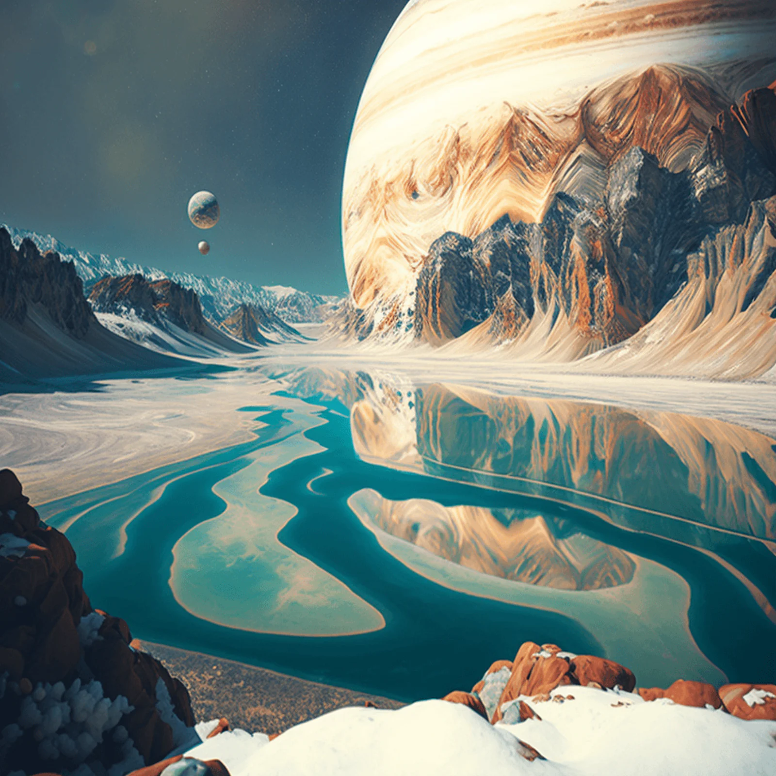 Картинка Одно из изображений по запросу ‘Baikal lake on Jupiter’. Его не пришлось дорабатывать — использовали тот вариант, что предложила нейросеть