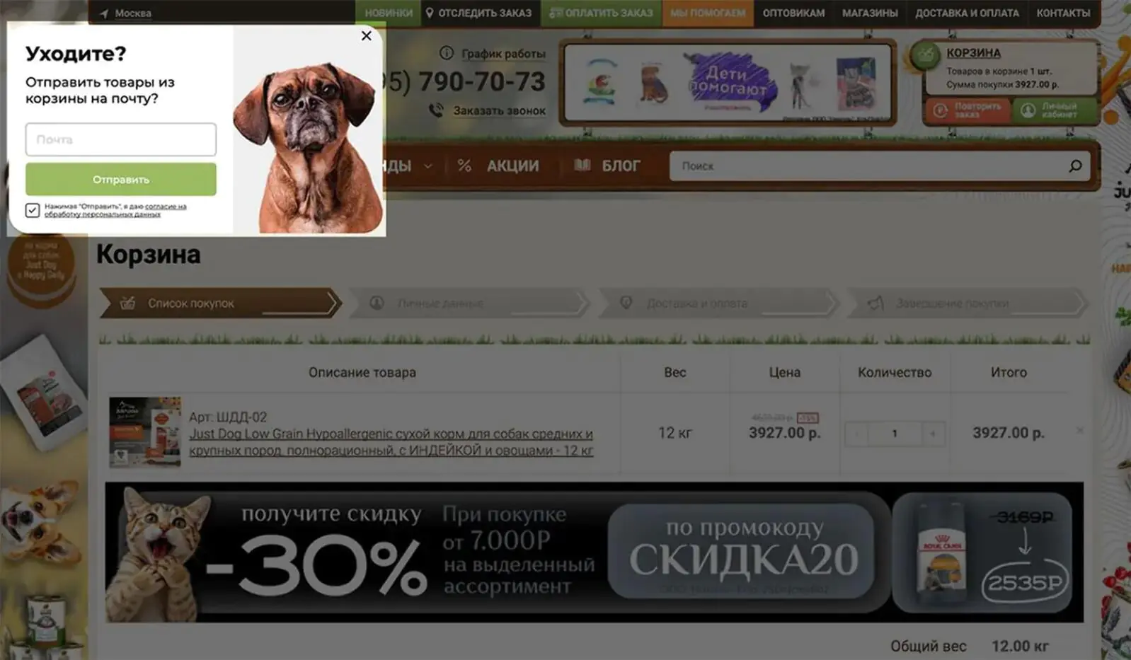 Попап о брошенной корзине в зоомагазине «Старая ферма»