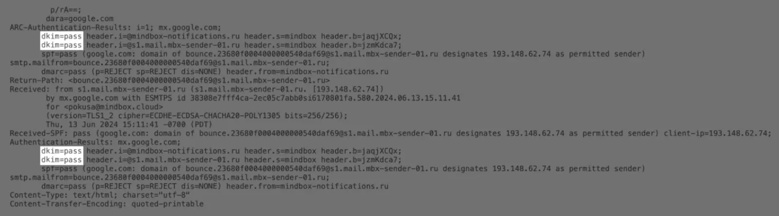 Пример оригинала письма с dkim=pass