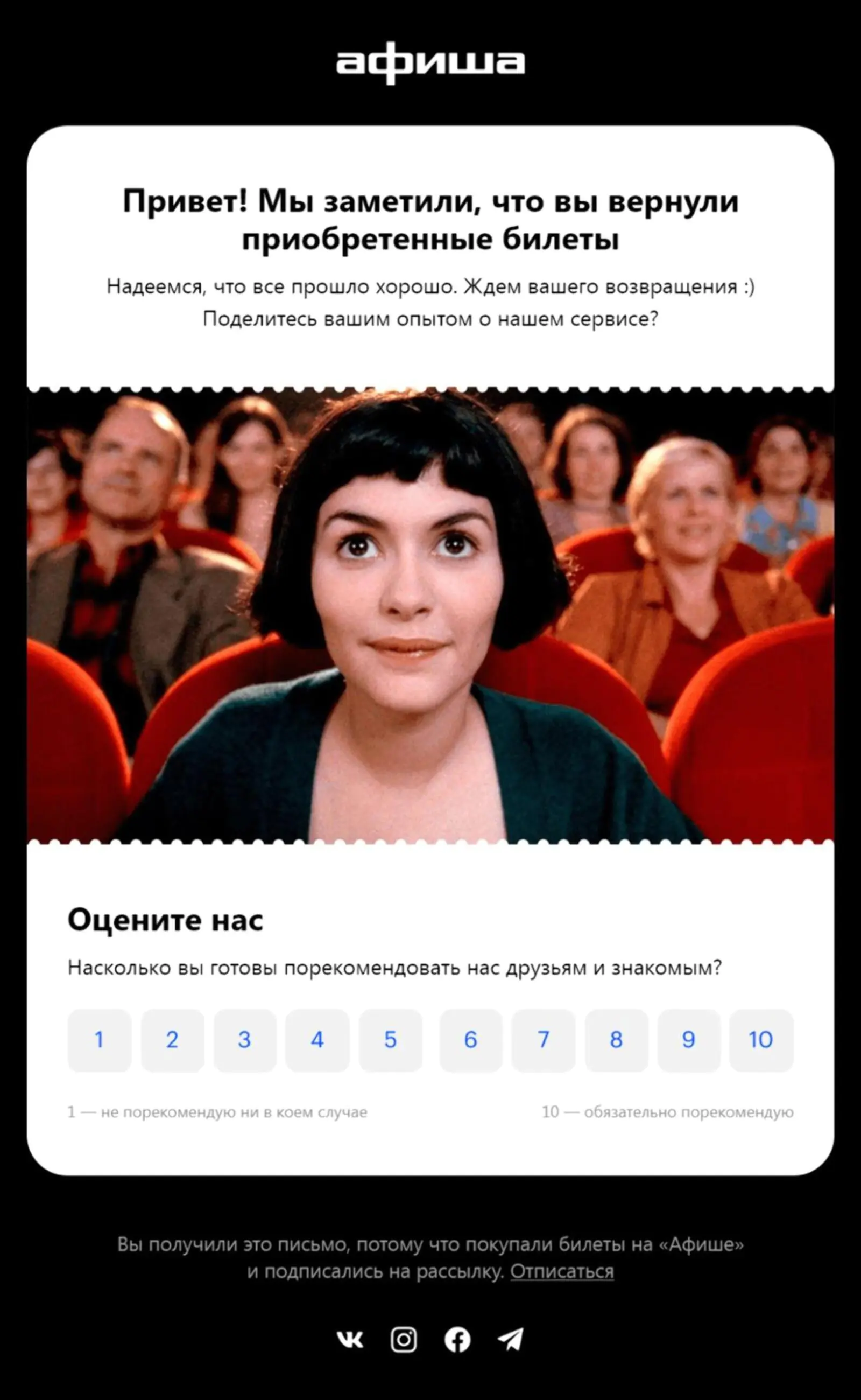 Картинка Чтобы не надоедать покупателям, «Афиша» отправляет подобные письма не чаще раза в полгода и максимум три раза за все время взаимодействия с клиентом. Самый низкий балл — 1, а не 0, что расходится со стандартной методикой проведения опроса