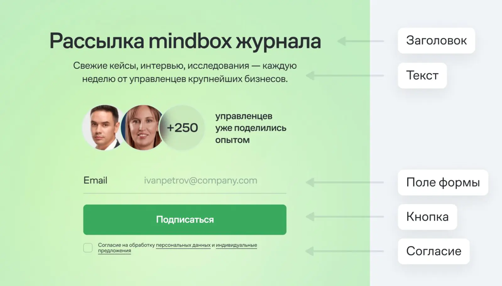Картинка В Mindbox Журнале форму подписки на рассылку размещают в конце каждой статьи