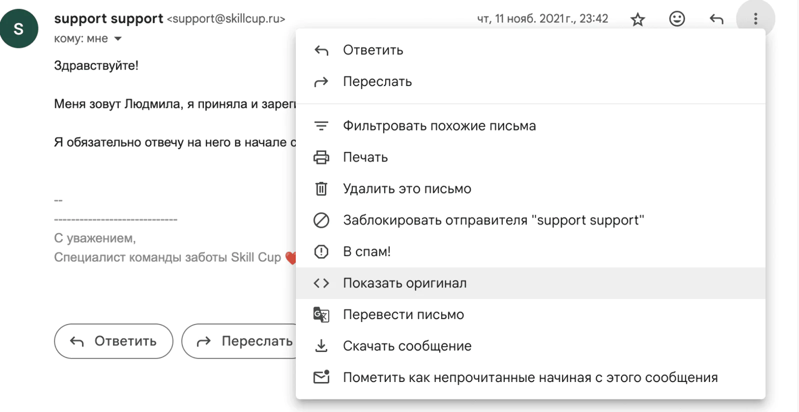 Посмотреть оригинал можно, кликнув на дополнительные функции в отправленном письме