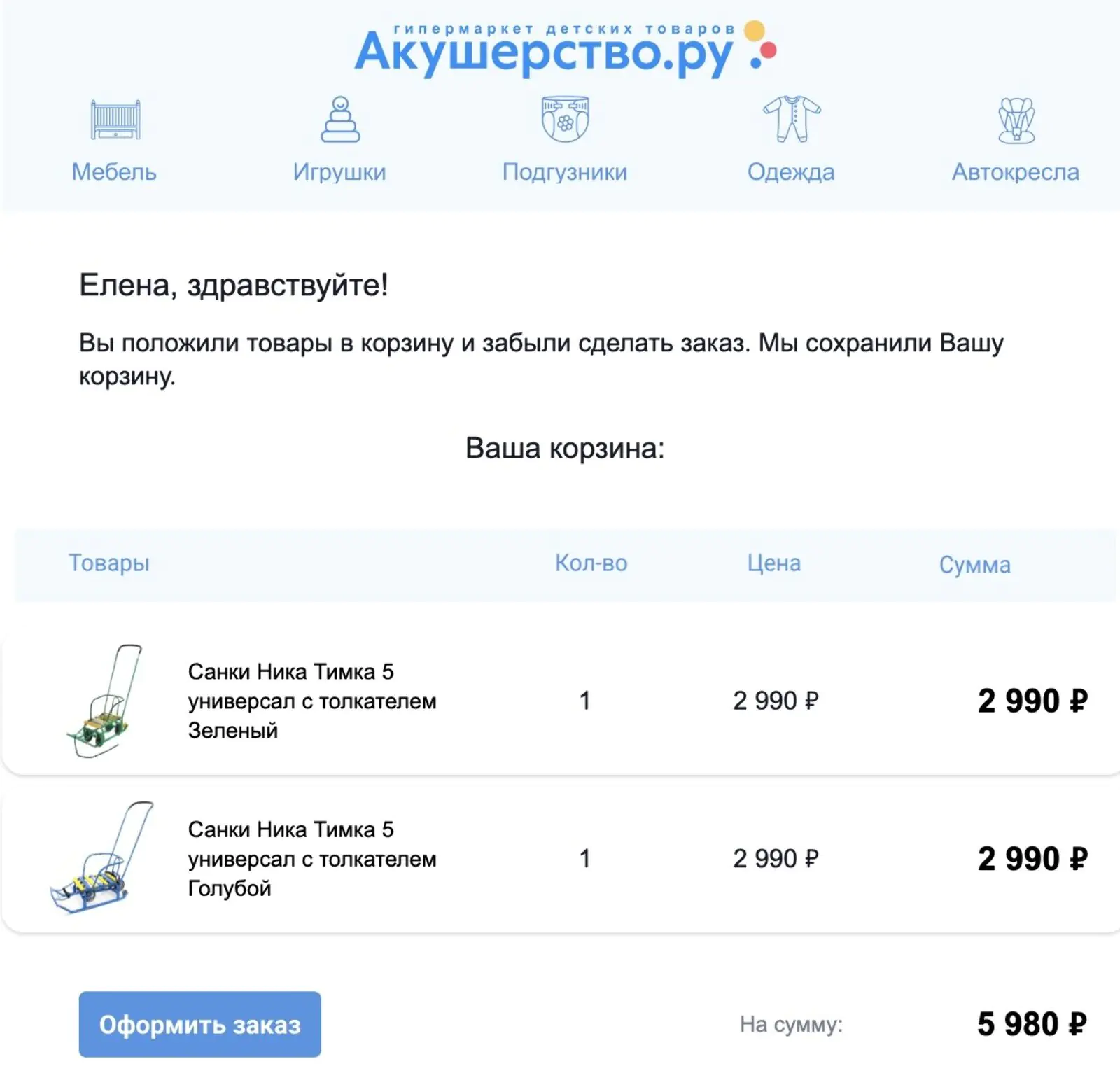 Картинка Если пользователь добавил товары в корзину и не оформил заказ в течение часа, ему приходит email: open rate — 15,5%, click rate — 1,9%, конверсия в заказ по last click — 0,1%