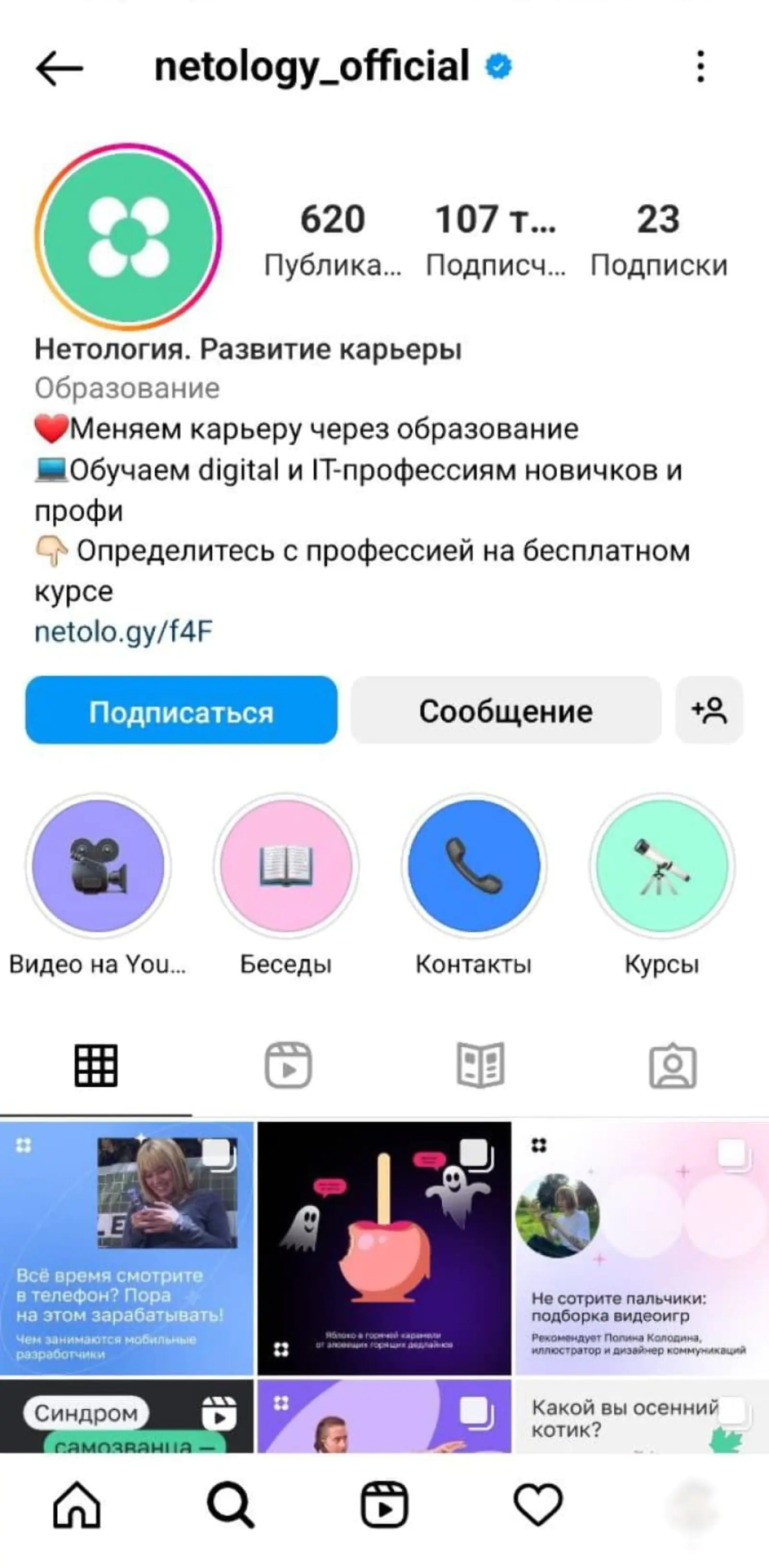 Картинка «Нетология» размещает ссылку на бесплатный курс в профиле в Instagram*