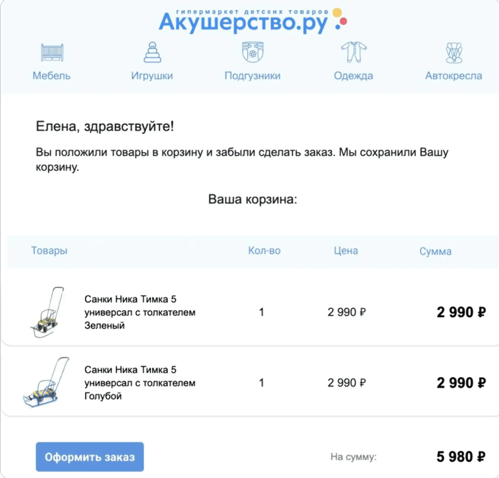 «Акушерство» напоминает о брошенной корзине: если пользователь добавил товары в корзину и не оформил заказ в течение часа, ему приходит email