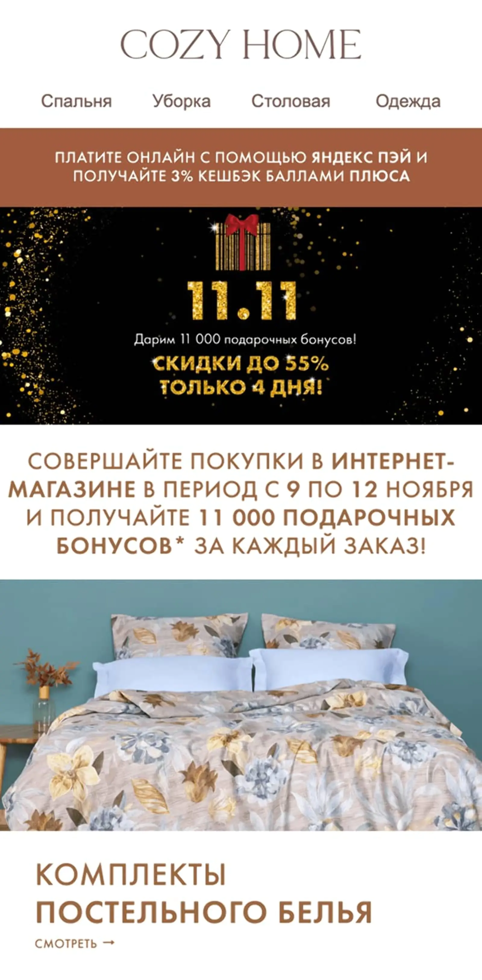 Email-рассылку об акции отправили дважды: 9 и 11 ноября. В обоих случаях конверсия в заказ по last click была 0,1%