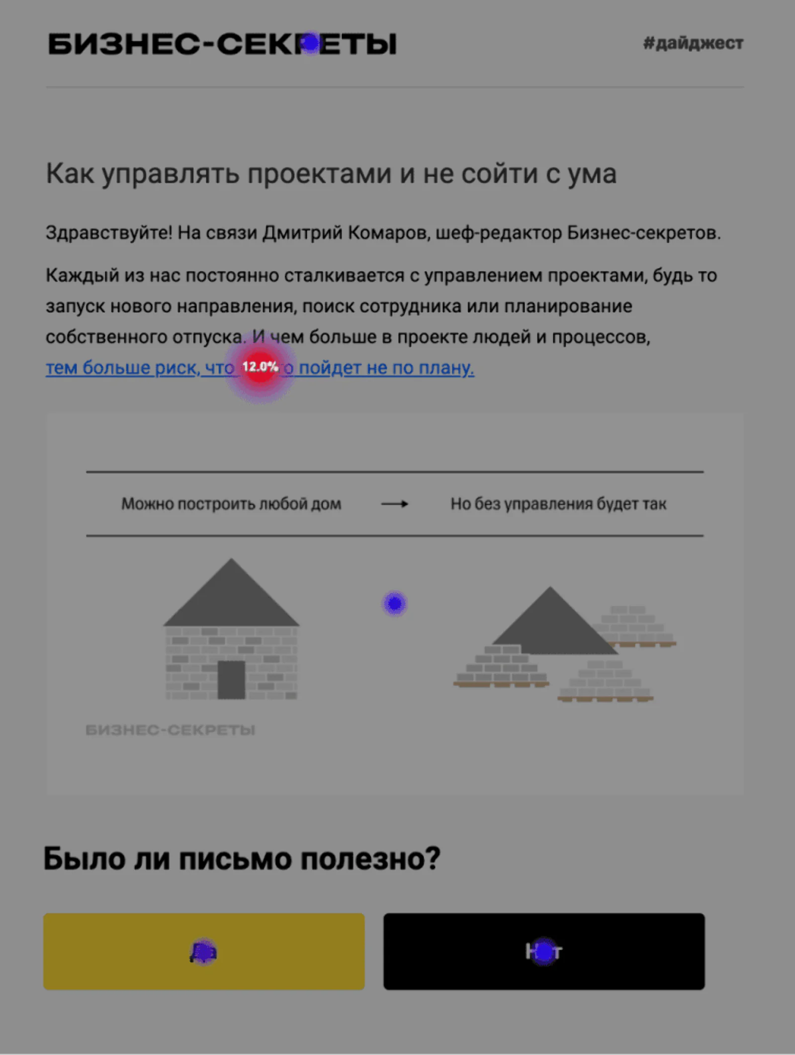 Картинка Письмо с высокой долей положительных оценок. 4,9% подписчиков, открывших письмо, оставили обратную связь: сlick rate кнопки «Да» — 3,8%, кнопки «Нет» — 1,1%