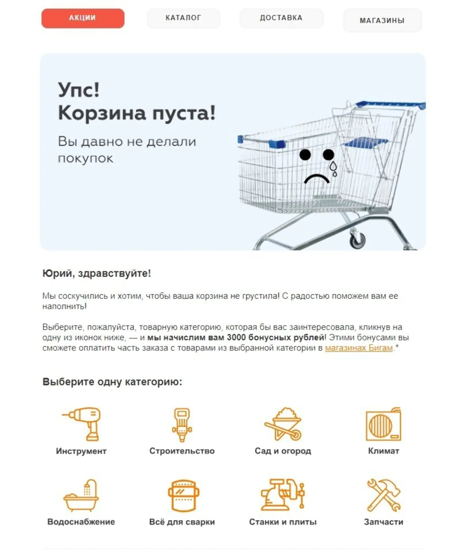 Картинка Пример реактивационного письма от «Бигам»: компания предлагает начислить бонусы на товары из интересующей клиента категории