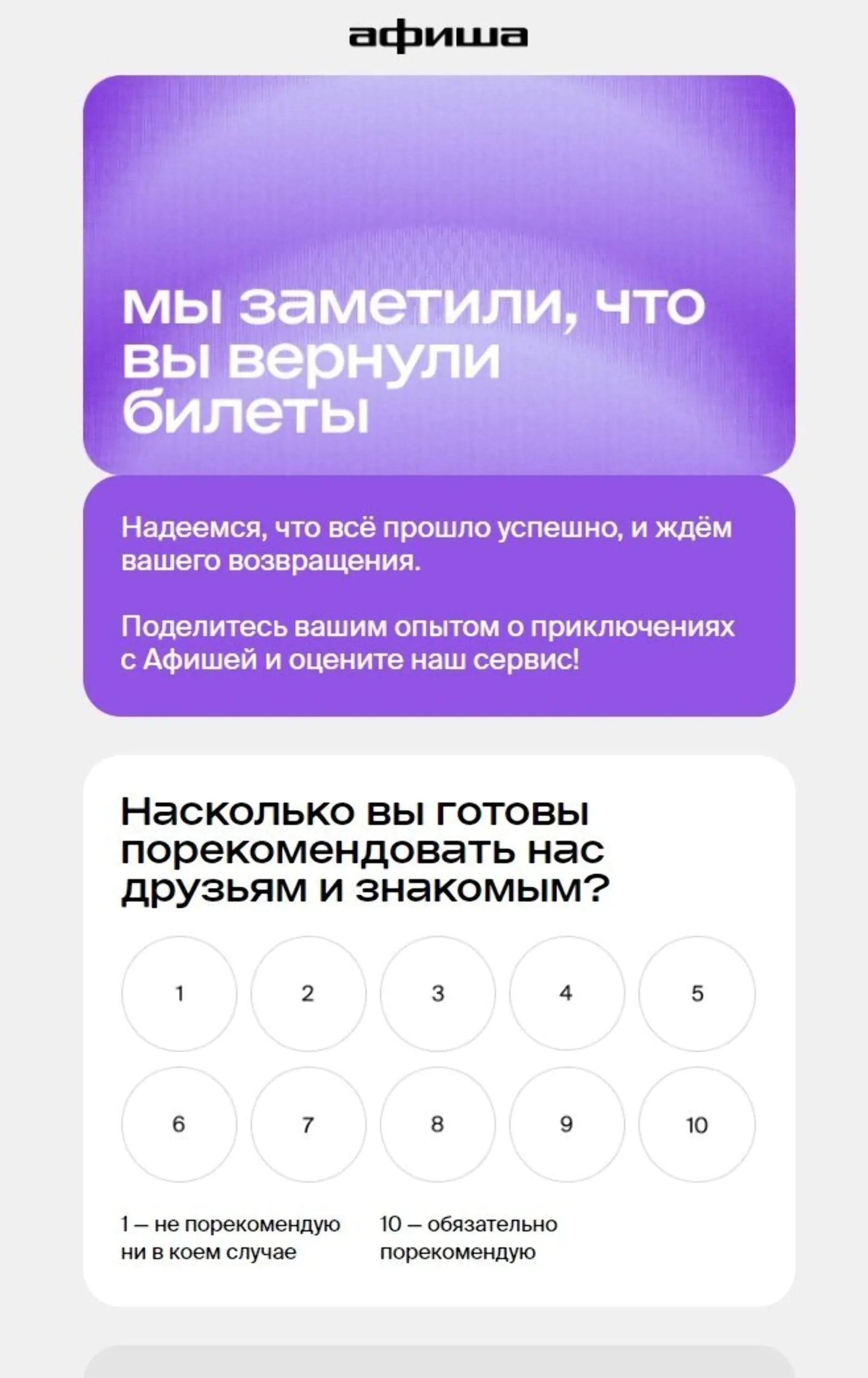 Картинка «Афиша» использует вопросы со шкалой Лайкерта, чтобы отслеживать уровень удовлетворенности клиентов