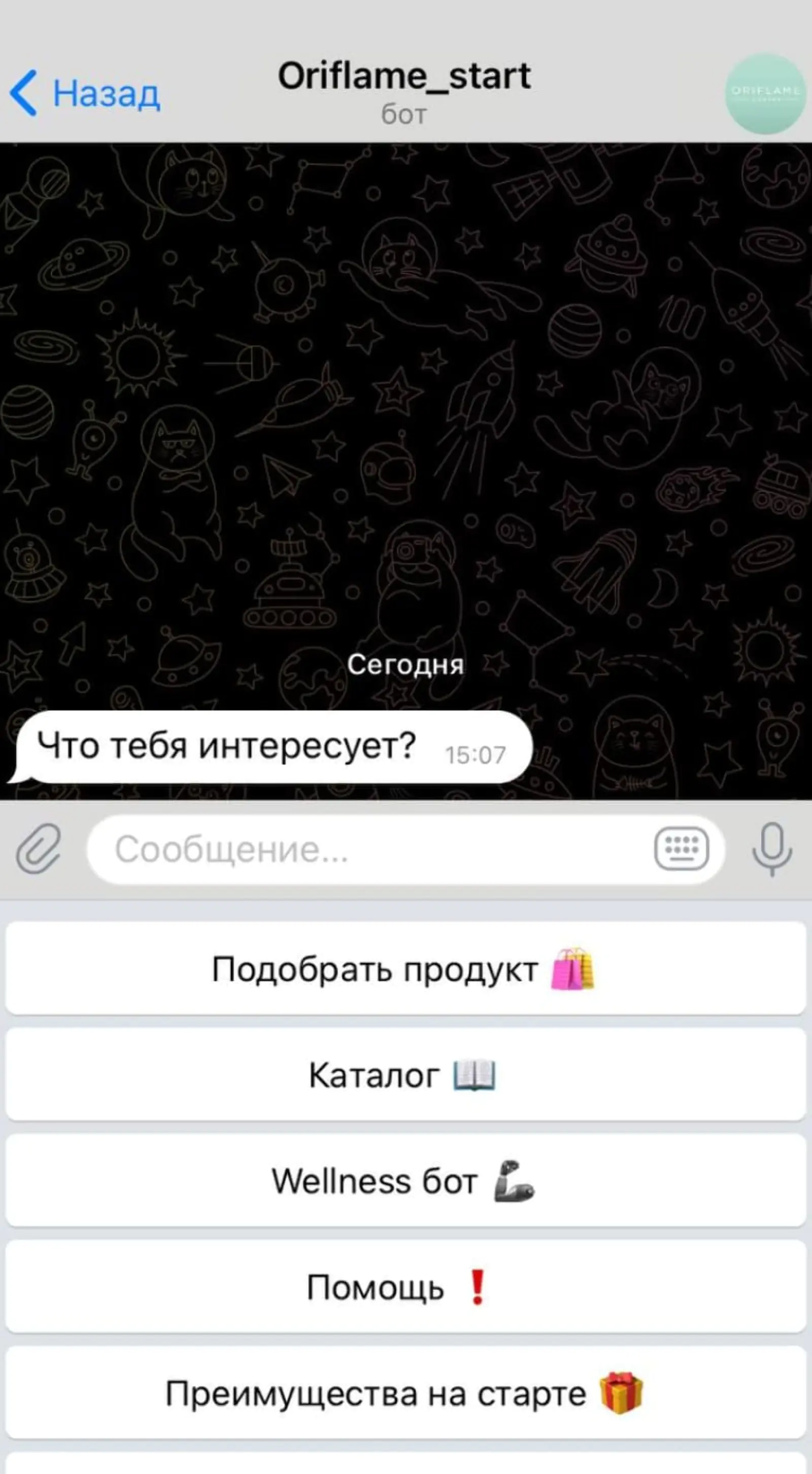 Картинка Основное меню чат-бота