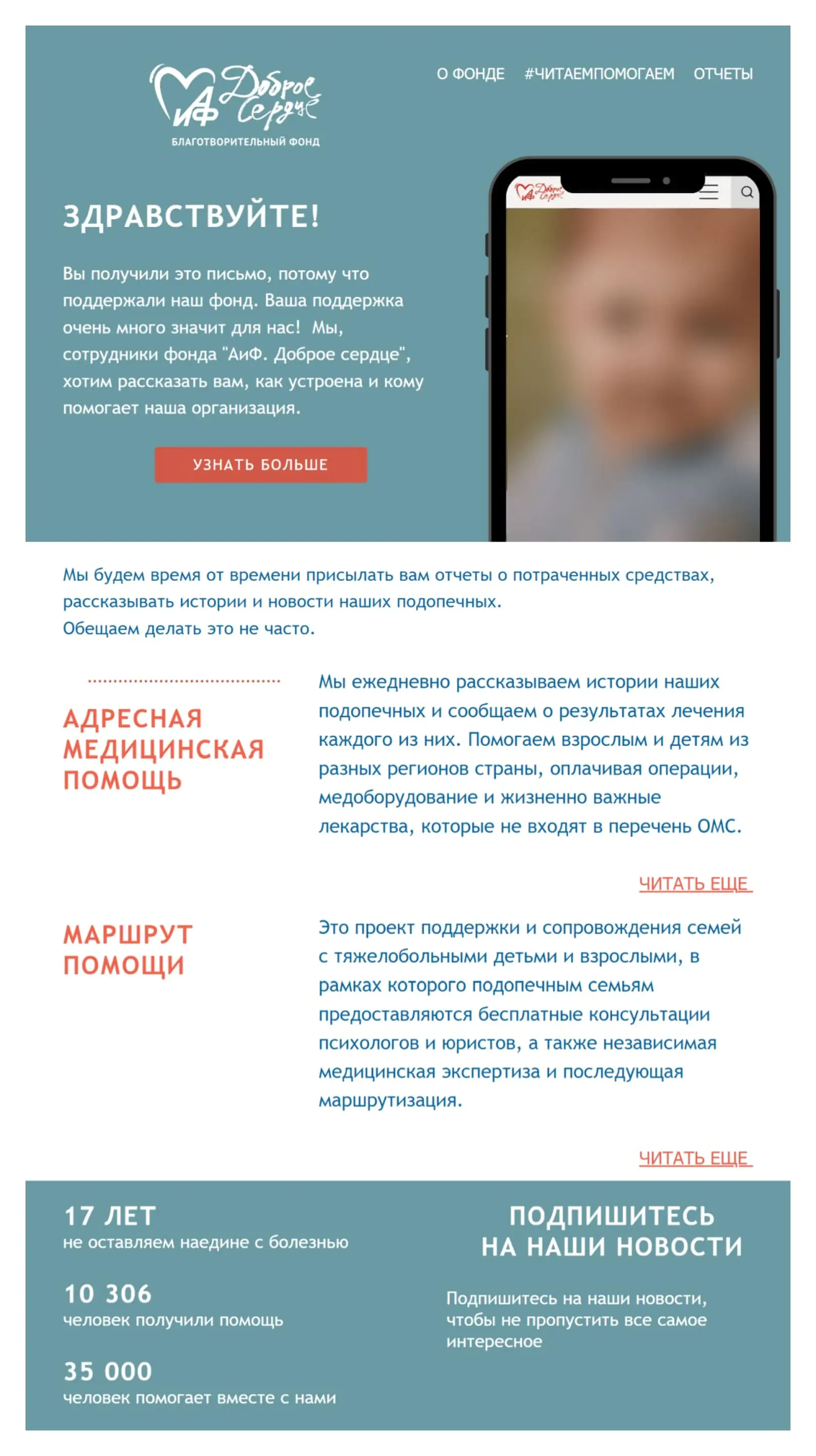 Картинка Welcome-письмо для знакомства с фондом. Отправляется через 2 дня после первого пожертвования донора. Средний open rate — 24,33%, click rate — 1,23%