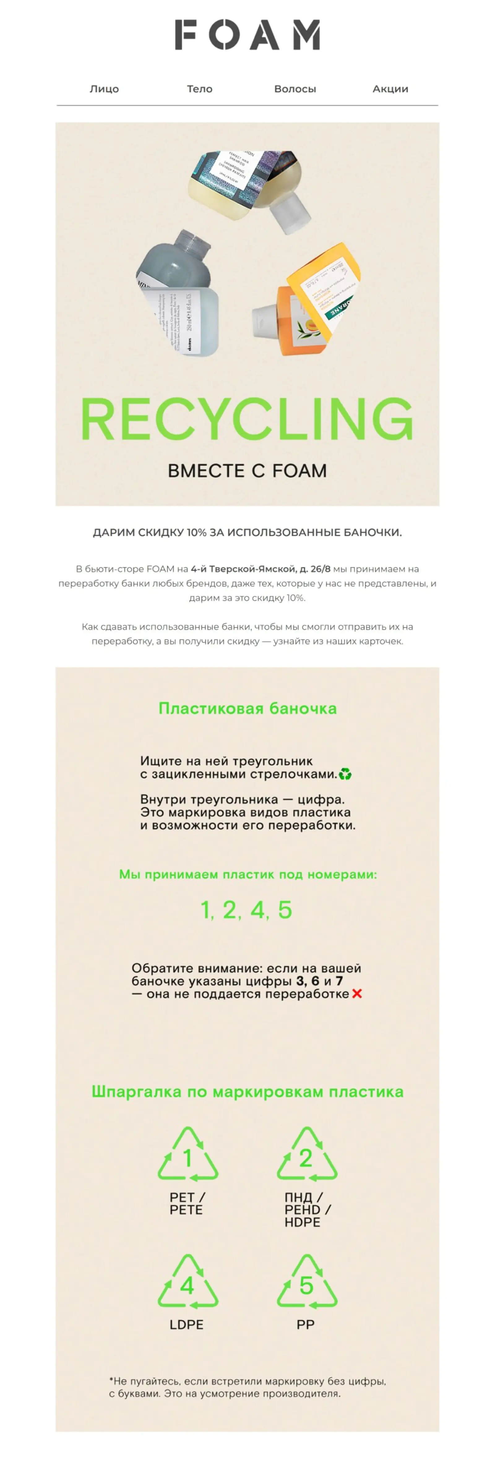 Картинка Письмо о скидке за использованные упаковкиOpen rate — 17,6%; Click rate — 0,4%;Конверсия в заказ по last cliсk — 0,1%