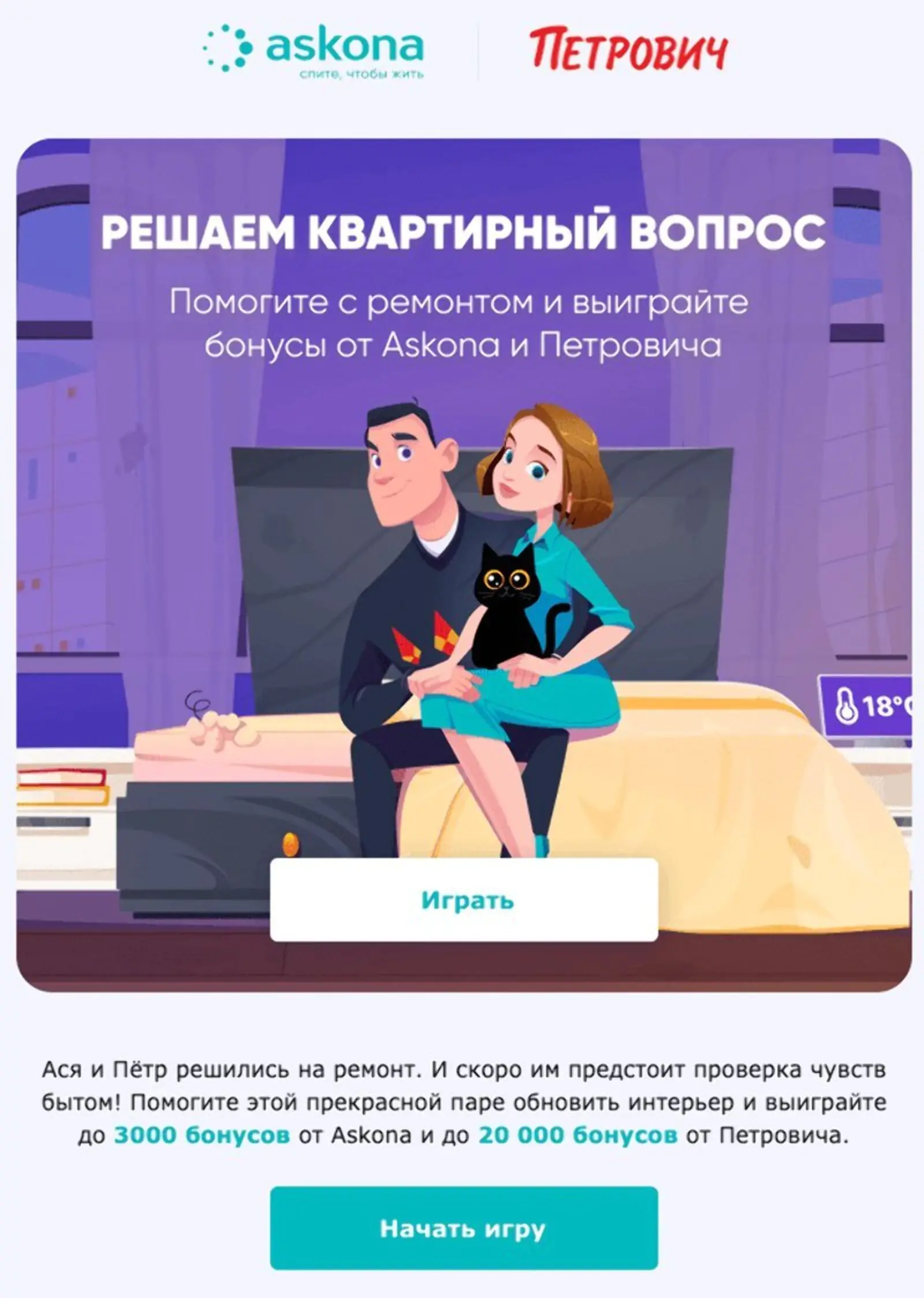Приглашение начать квест «Петрович» и Askona отправляли подписчикам в день старта игры. Open rate — 16,3%, click rate — 0,8%