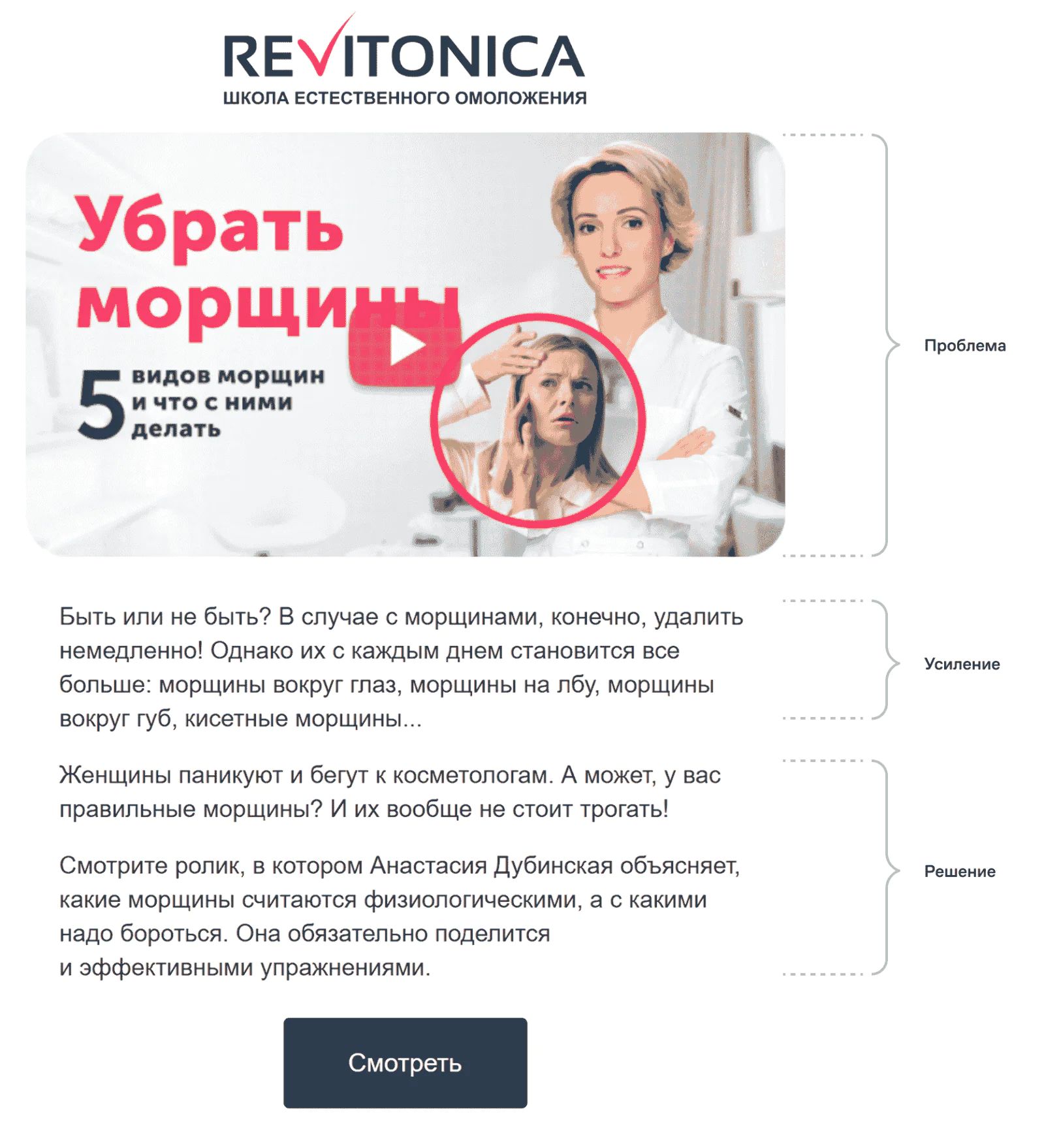 В рассылке от Revitonika сразу сделан акцент на проблеме, которая беспокоит многих женщин. Это мотивирует открыть письмо