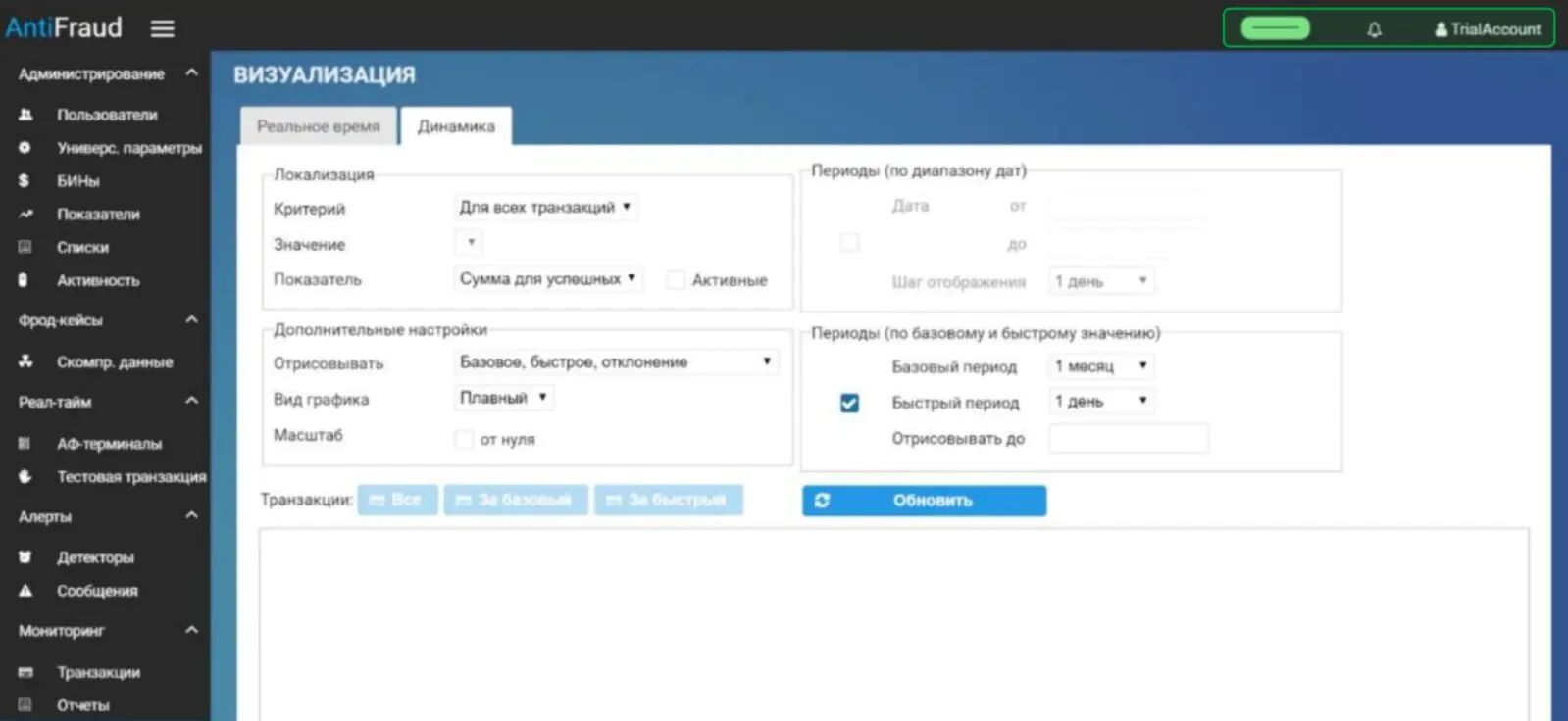 Payler предоставляет личный кабинет для фрод-мониторинга в реальном времени и фрод-аналитики на истории данных. Зеленая область на скриншоте — индикатор нормального функционирования системы