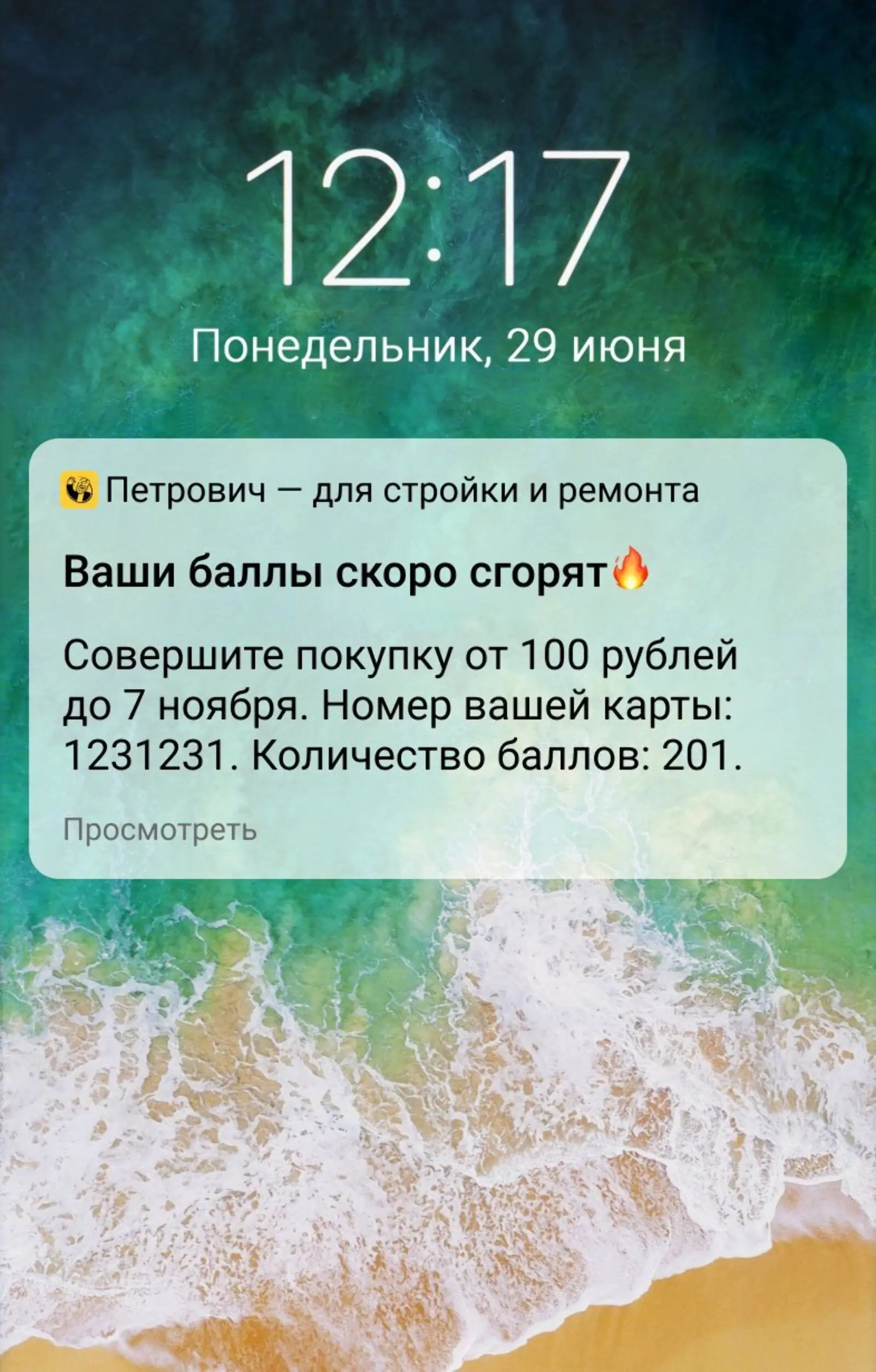 Мобильный пуш «Петровича» о сгорании баллов