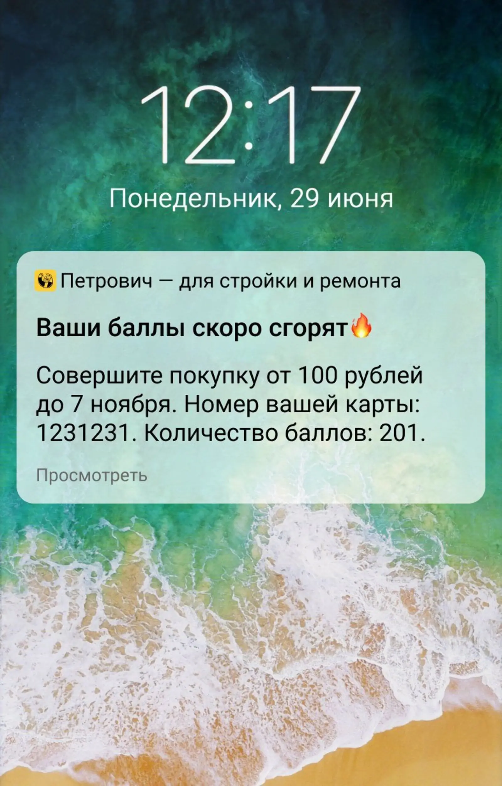 Мобильный пуш «Петровича» о сгорании баллов