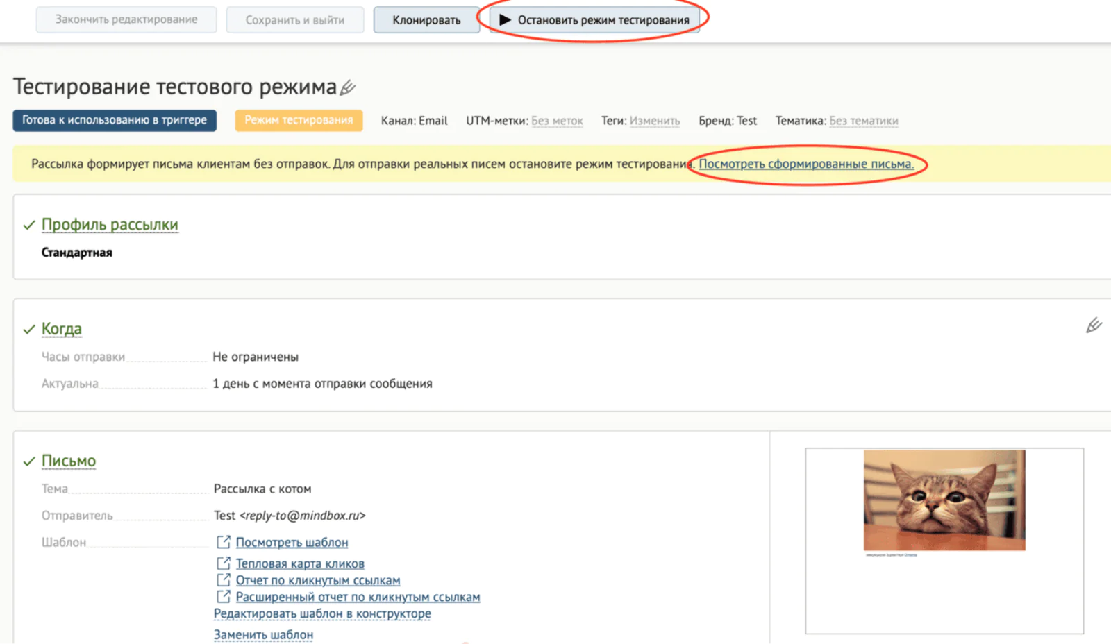 Режим тестирования триггерной рассылки