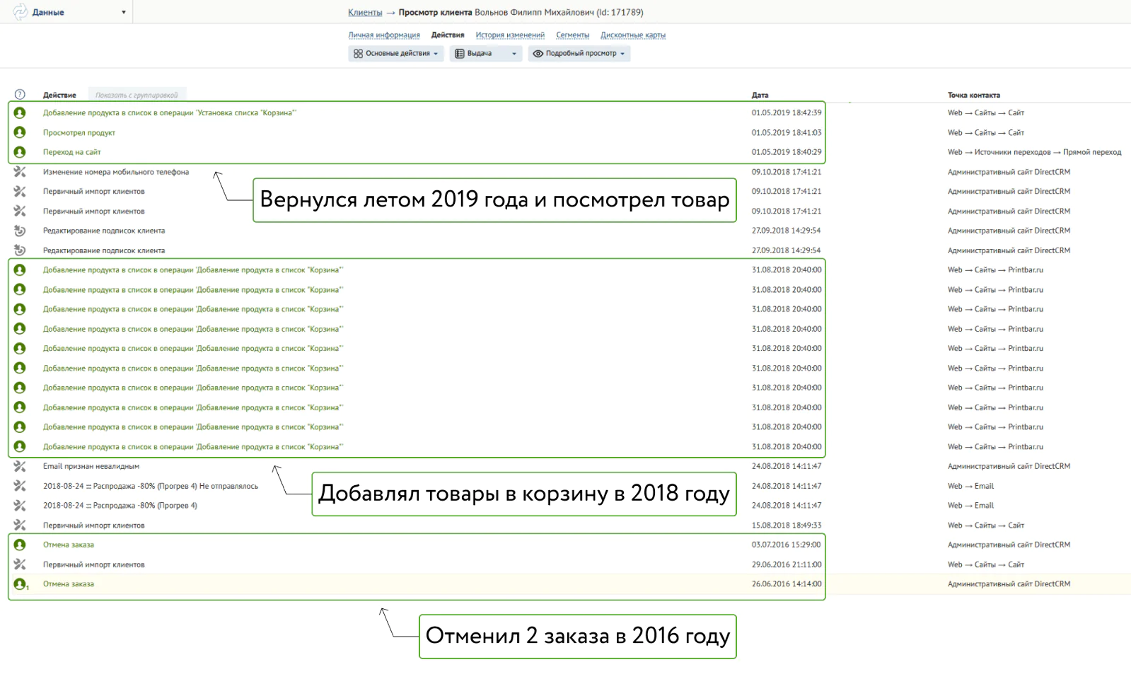 Профиль клиента с историей взаимодействий и коммуникаций с 2016 года