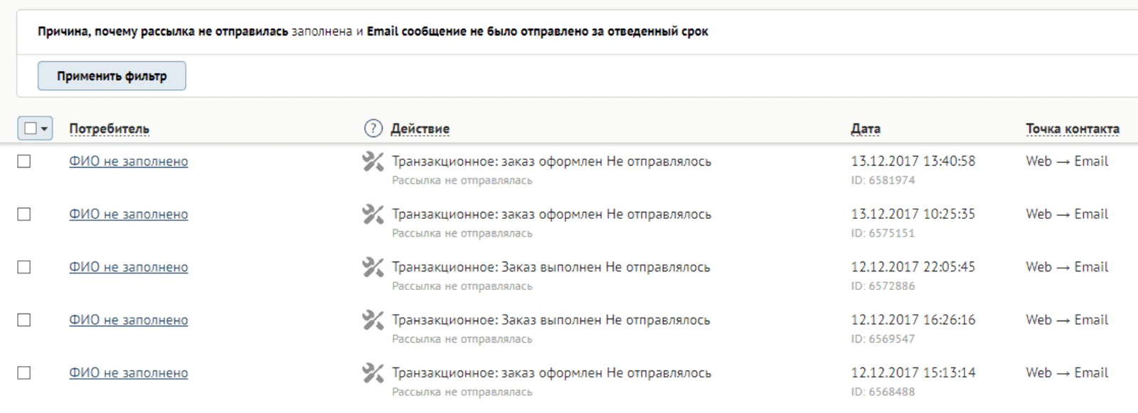 Так выглядит результат построения фильтра «Причина, почему рассылка не отправилась»