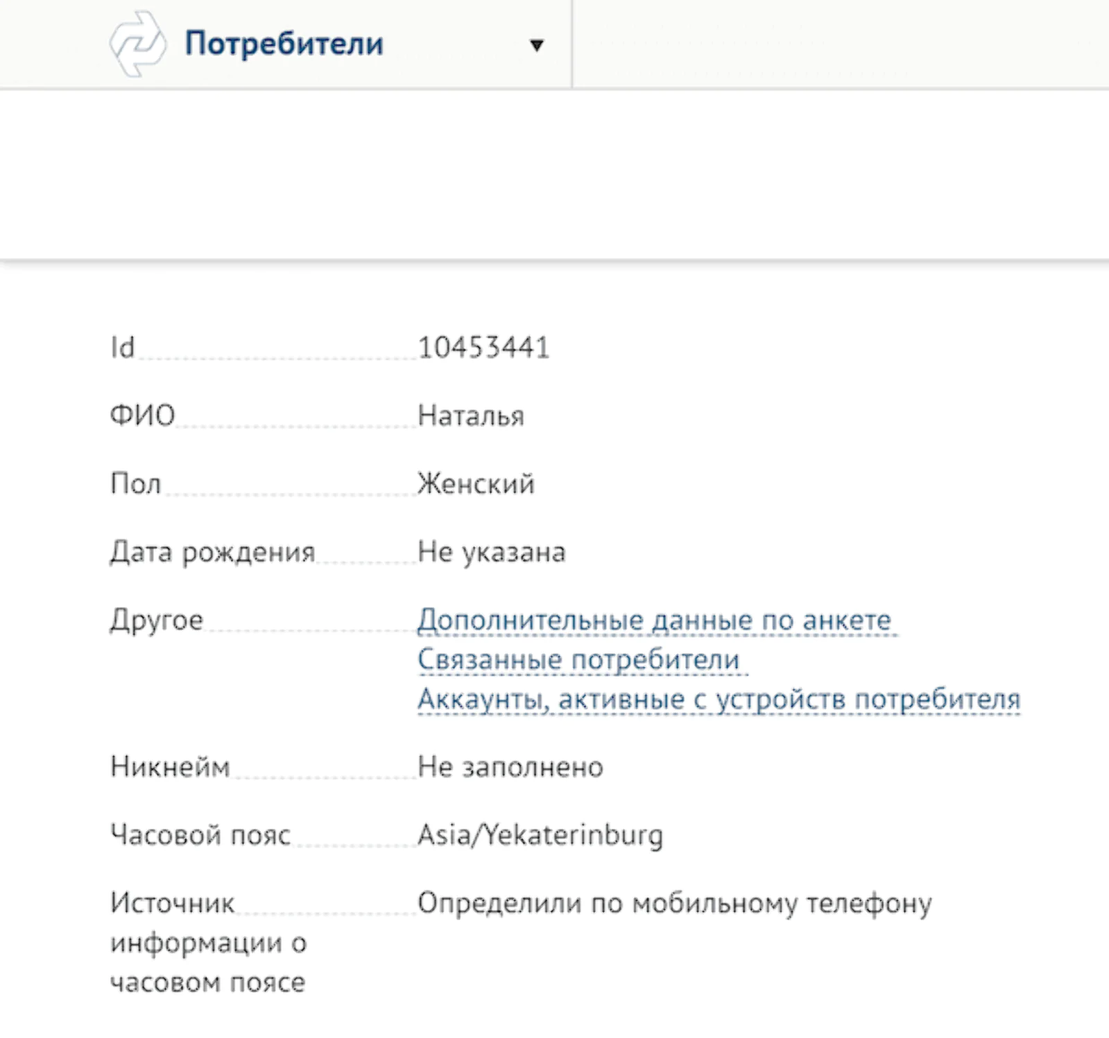 Информация о часовом поясе в карточке потребителя Информация о часовом поясе видна в карточке потребителя