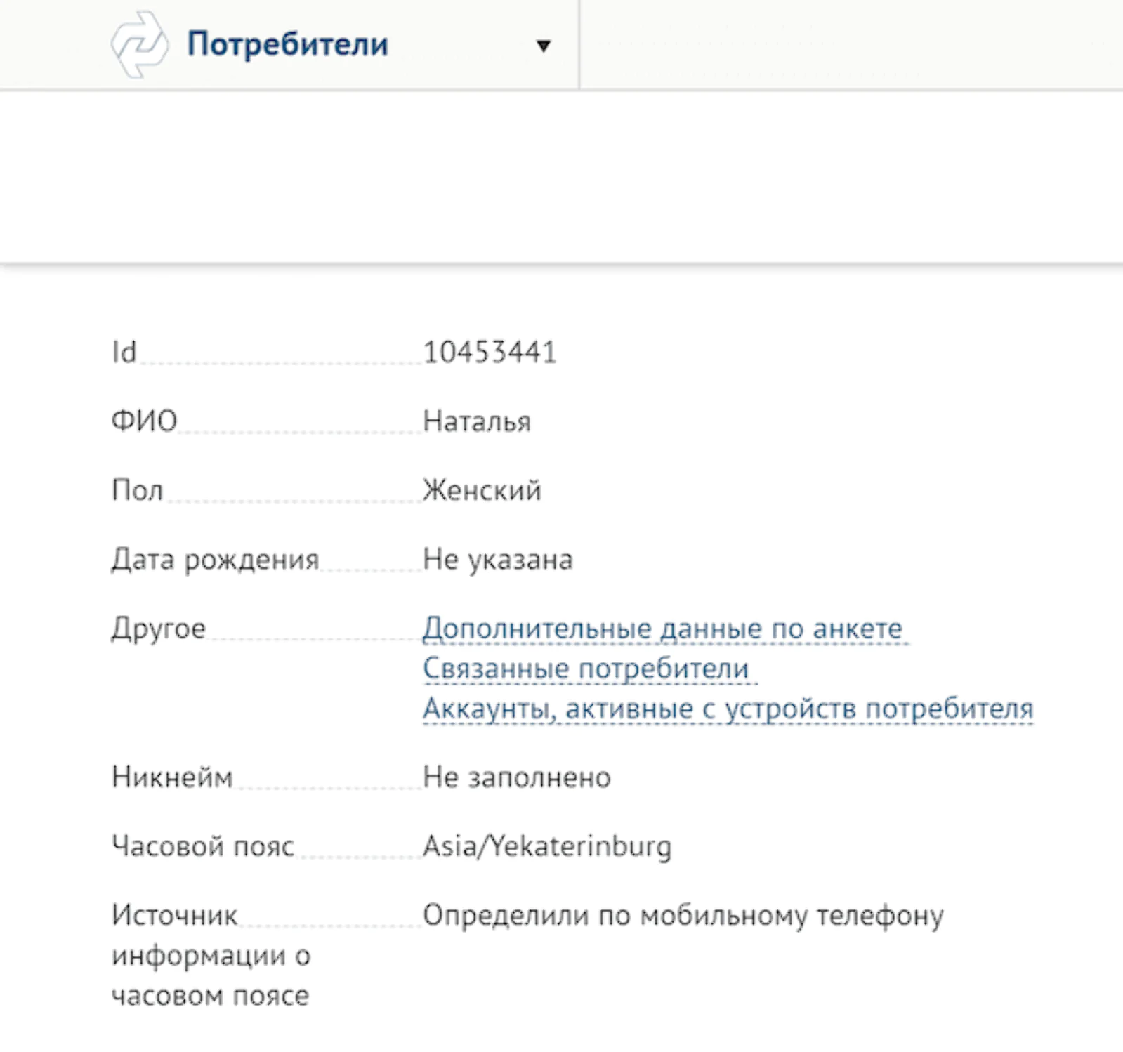 Информация о часовом поясе в карточке потребителя