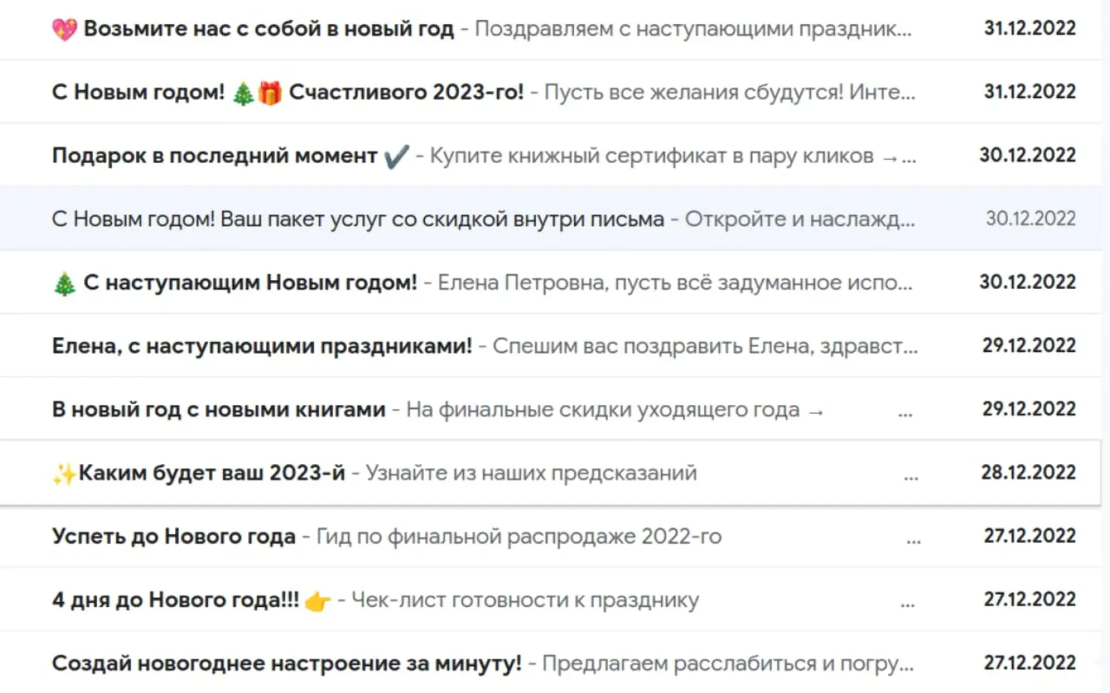 В последние дни декабря так выглядят почтовые ящики многих клиентов: 90% писем не прочитаны и выглядят одинаковыми