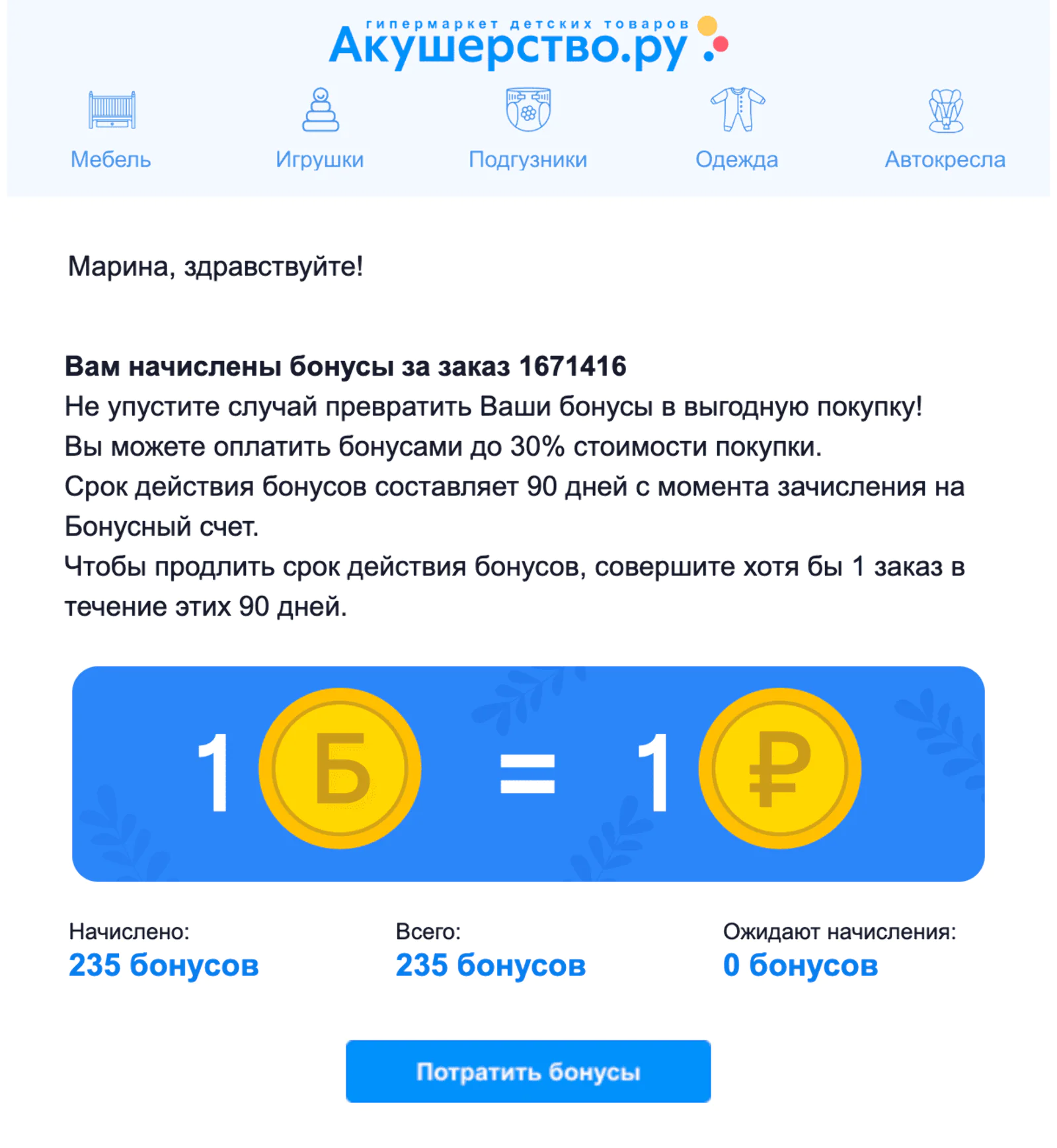 Картинка Письмо о начислении бонусов: open rate — 24,5%, click rate — 2,6%, конверсия в заказ по last click — 0,3%