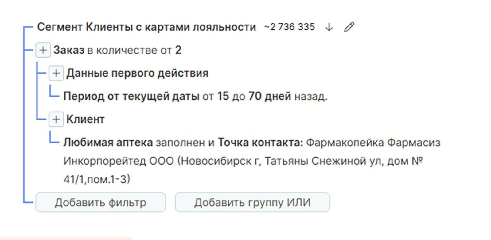 Mindbox запоминает, в какой аптеке участник программы лояльности покупал последние 15–70 дней, и отправляет ему акции именно от этой точки. «Любимая аптека» автоматически меняется, если клиент стал покупать чаще в другой точке